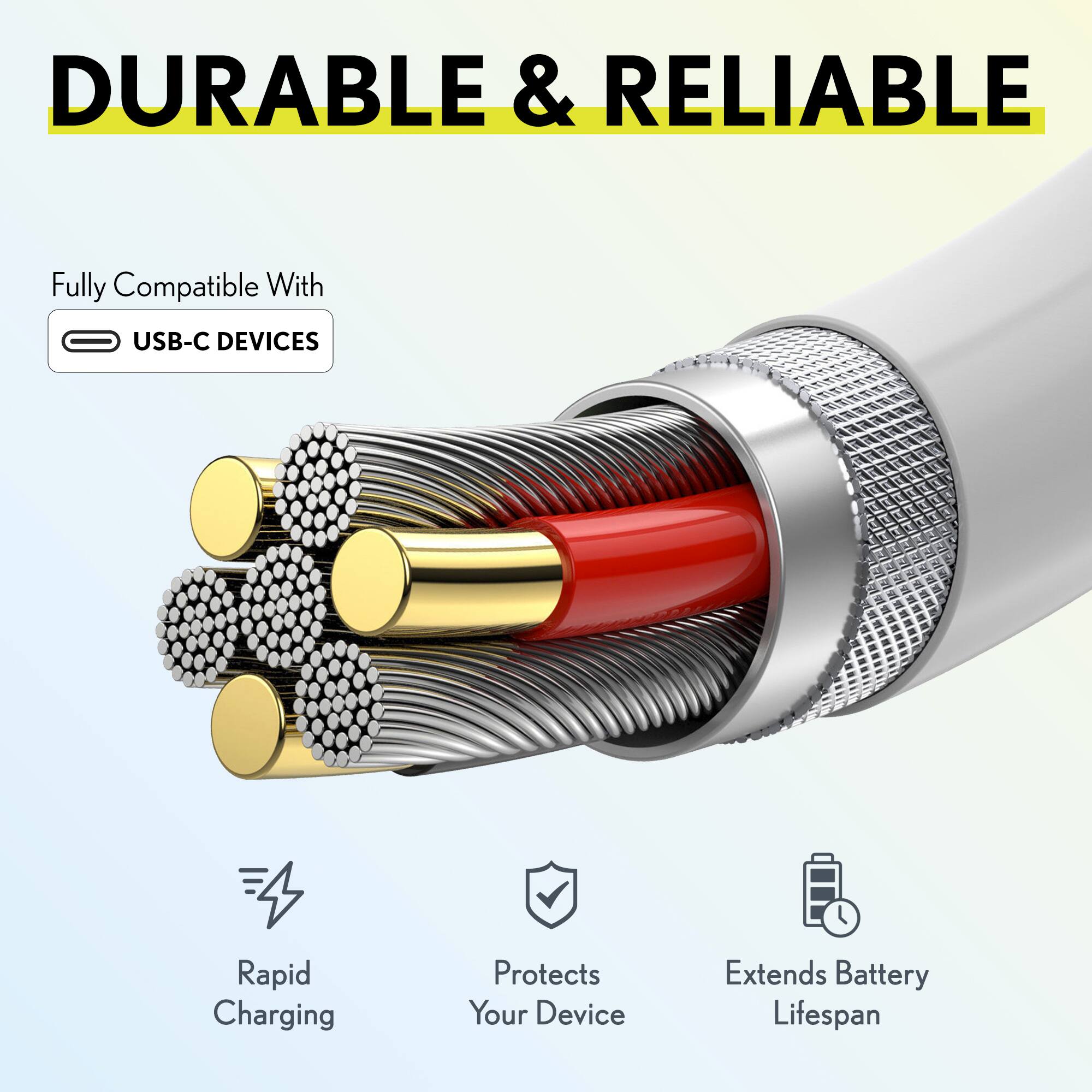 DURABLE & RELIABLE

Fully Compatible With USB-C DEVICES

- Rapid Charging
- Protects Your Device
- Extends Battery Lifespan