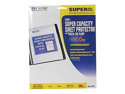 C-LINE PRODUCTS INC.

VINYL SUPER CAPACITY SHEET PROTECTOR WITH TUCK-IN FLAP

SUPER CAPACITY SHEET PROTECTOR WITH TUCK-IN FLAP

10 SHEETS

Molds up to 200 Sheets

Heavy Duty Vinyl Protector
Expands to Hold Documents up to 1" Thick
Tuck-in Flap Keeps Documents Secure
3-Hole Punched

Super Capacity Sheet Protector
Molds up to 1" Thick
Expands to Hold Documents Secure

INSERT SIZE: 8 1/2" x 11"

10

NO. 61227