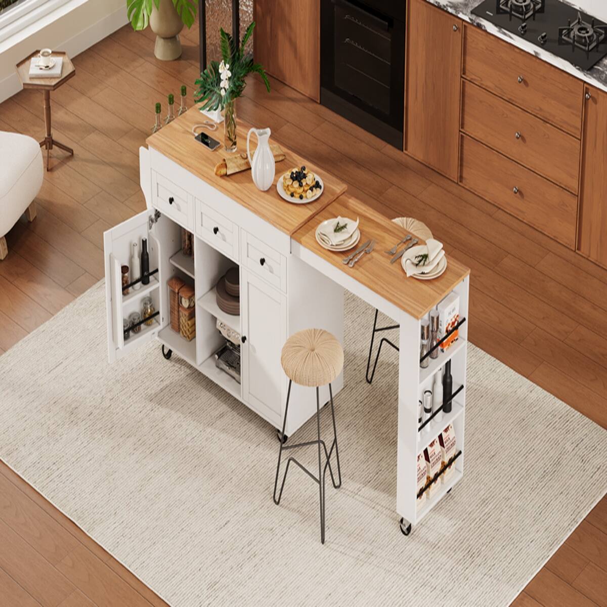 Alt View 6. Loheer - Loheer 85.5" Kitchen Island with Extendable Dining Table, Rolling Kitchen Island with Power Outlet, White - White.