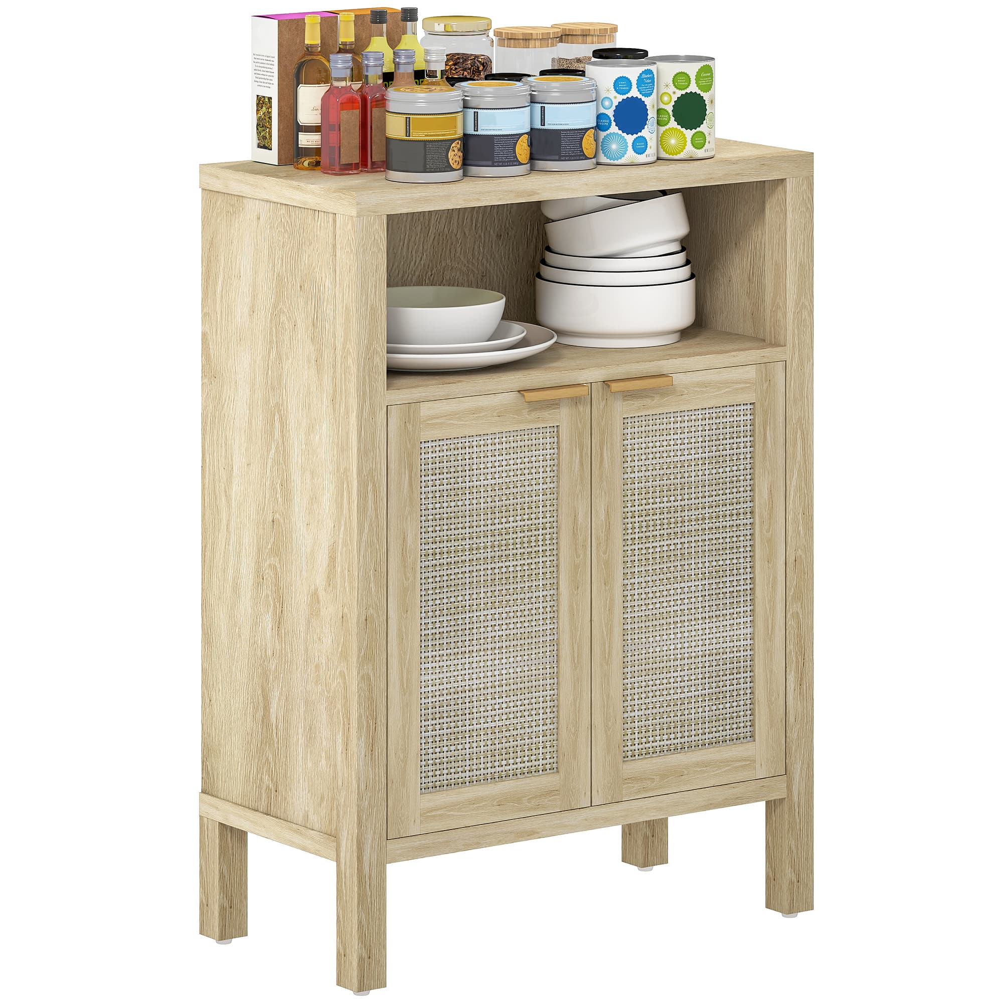 Homcom - Rattan Sideboard Buffet Cabinet with Storage, Modern Accent Cabinet with 2 Doors and Adjustable Shelf - Natural Wood