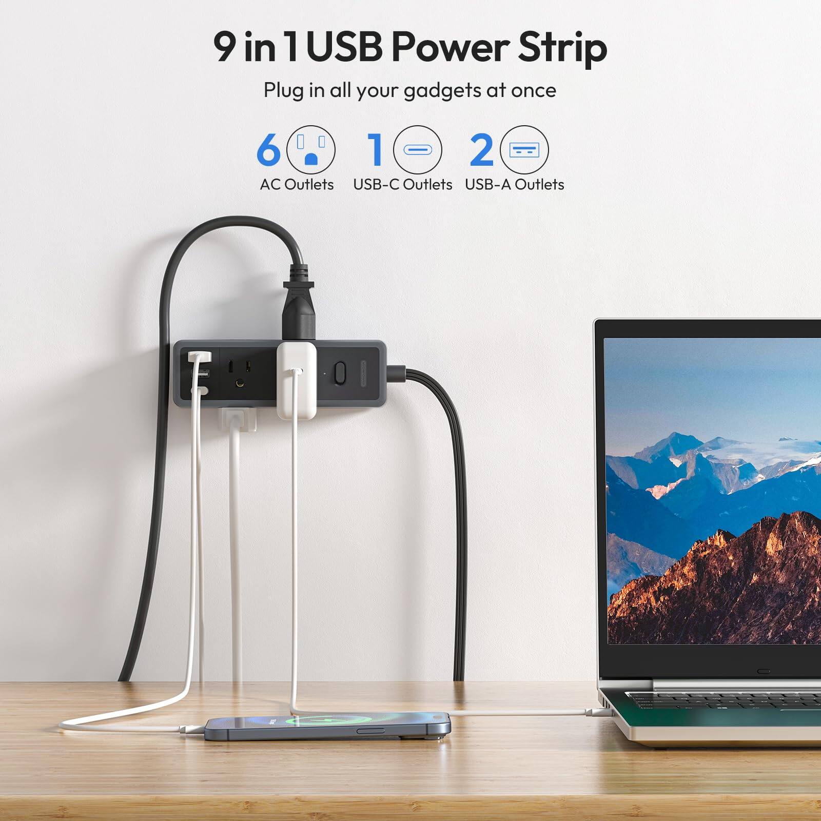 9 in 1 USB Power Strip  
Plug in all your gadgets at once  

6 AC Outlets  
1 USB-C Outlet  
2 USB-A Outlets