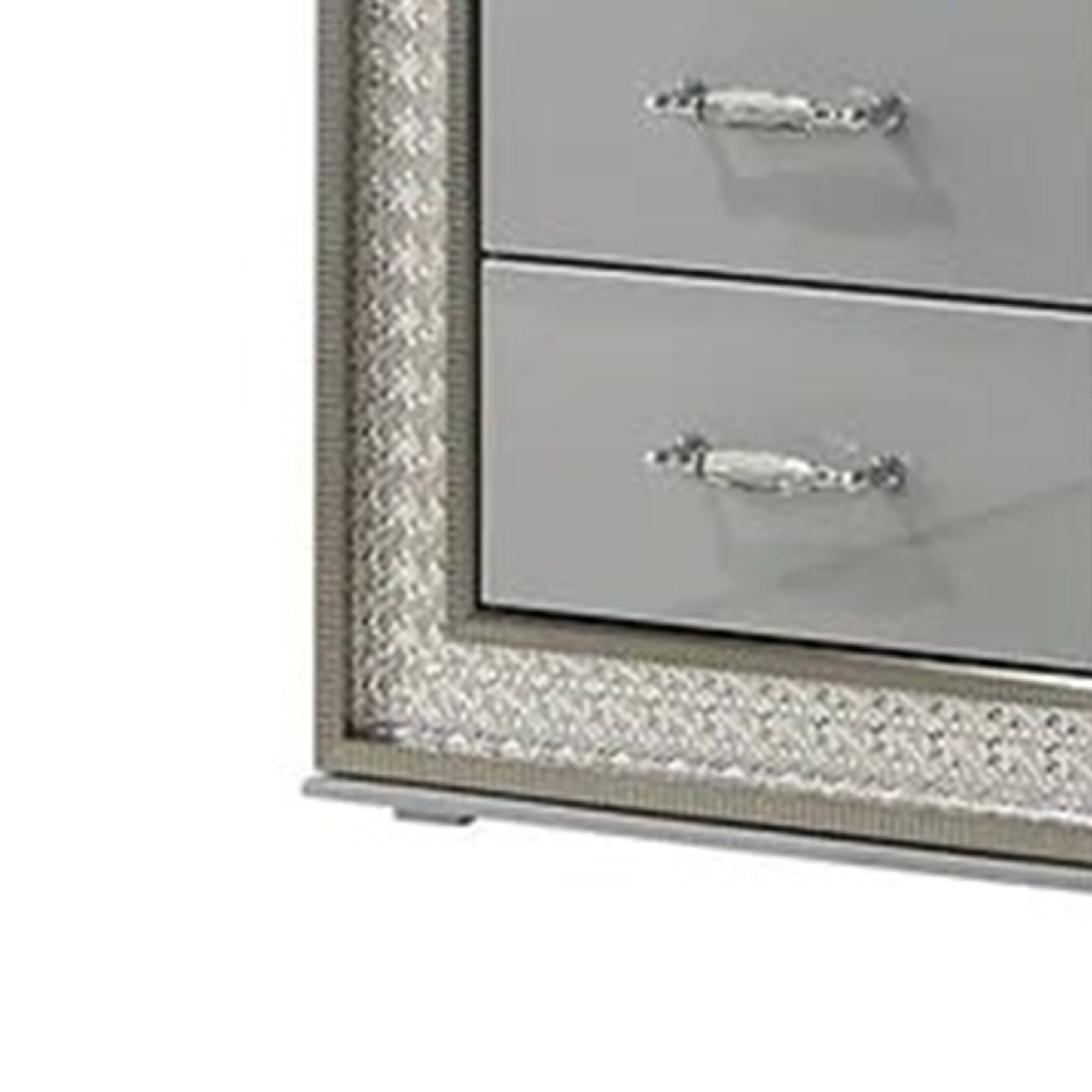 Alt View 3. Manhattan Lane - Cyl Nightstand with 2 Drawers, Scale Molding Trim - Metallic Gray, Silver.