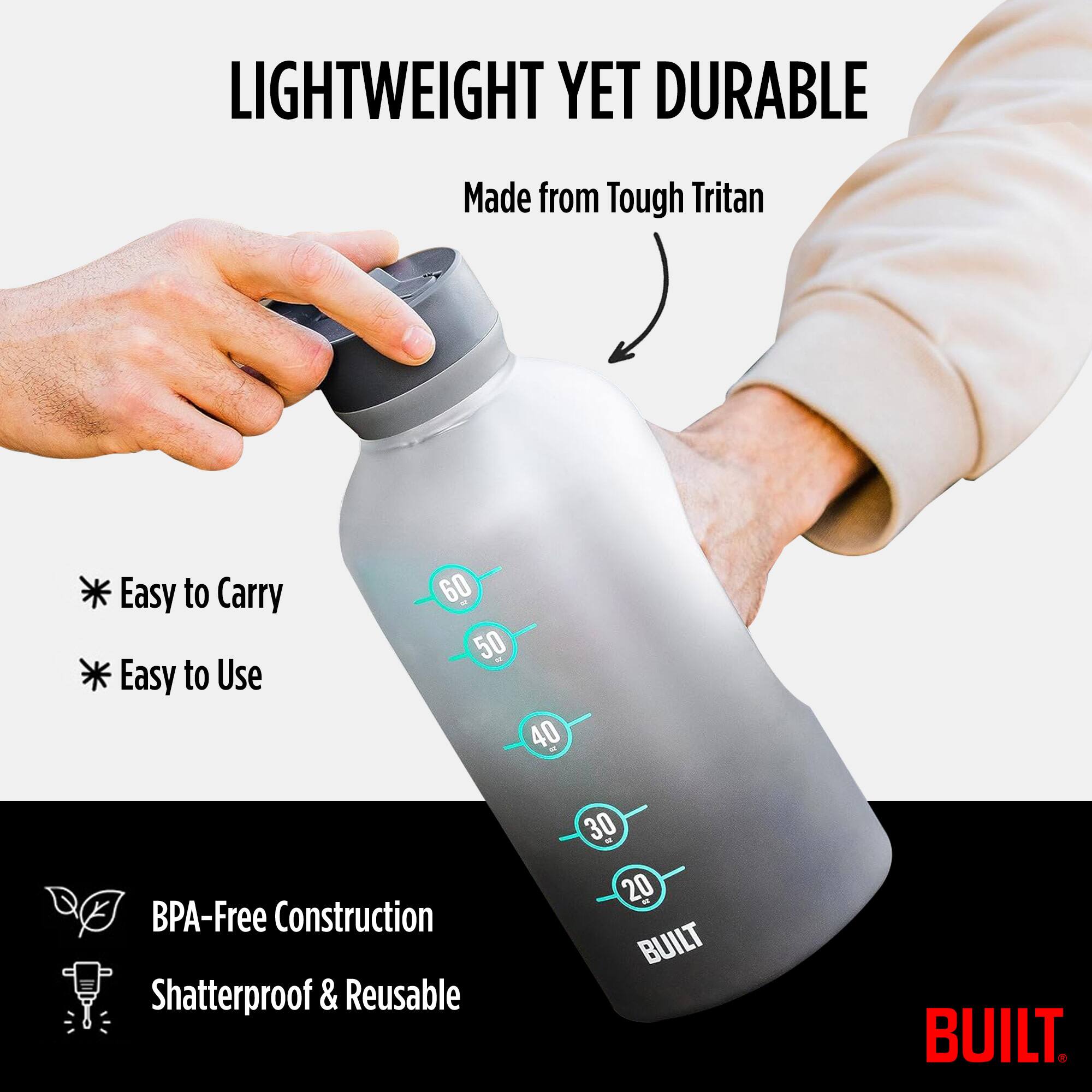 LIGHTWEIGHT YET DURABLE  
Made from Tough Tritan  
Easy to Carry  
Easy to Use  
BPA-Free Construction  
Shatterproof & Reusable  
BUILT