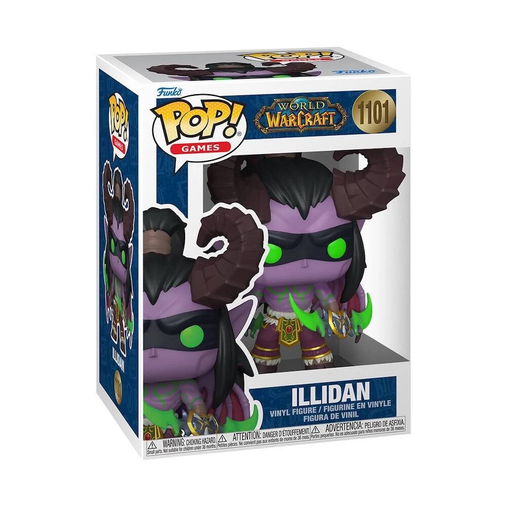 Sure, here is the corrected and grouped text from the image:

---

**Funko POP! GAMES**

**WORLD OF WARCRAFT**

**1101**

**ILLIDAN**

**VINYL FIGURE / FIGURINE EN VINYLE / FIGURA DE VINIL**

**WARNING: CHOKING HAZARD - Small parts. Not for children under 3 years.**

**ADVERTENCIA: PELIGRO DE ASFIXIA - Piezas pequeñas. No es adecuado para menores de 3 años.**

**ATTENTION: DANGER - Petite pièces. Ne convient pas aux enfants de moins de 3 ans.**

---

This text is taken from the packaging of the Funko POP! Games World of Warcraft Illidan vinyl figure.