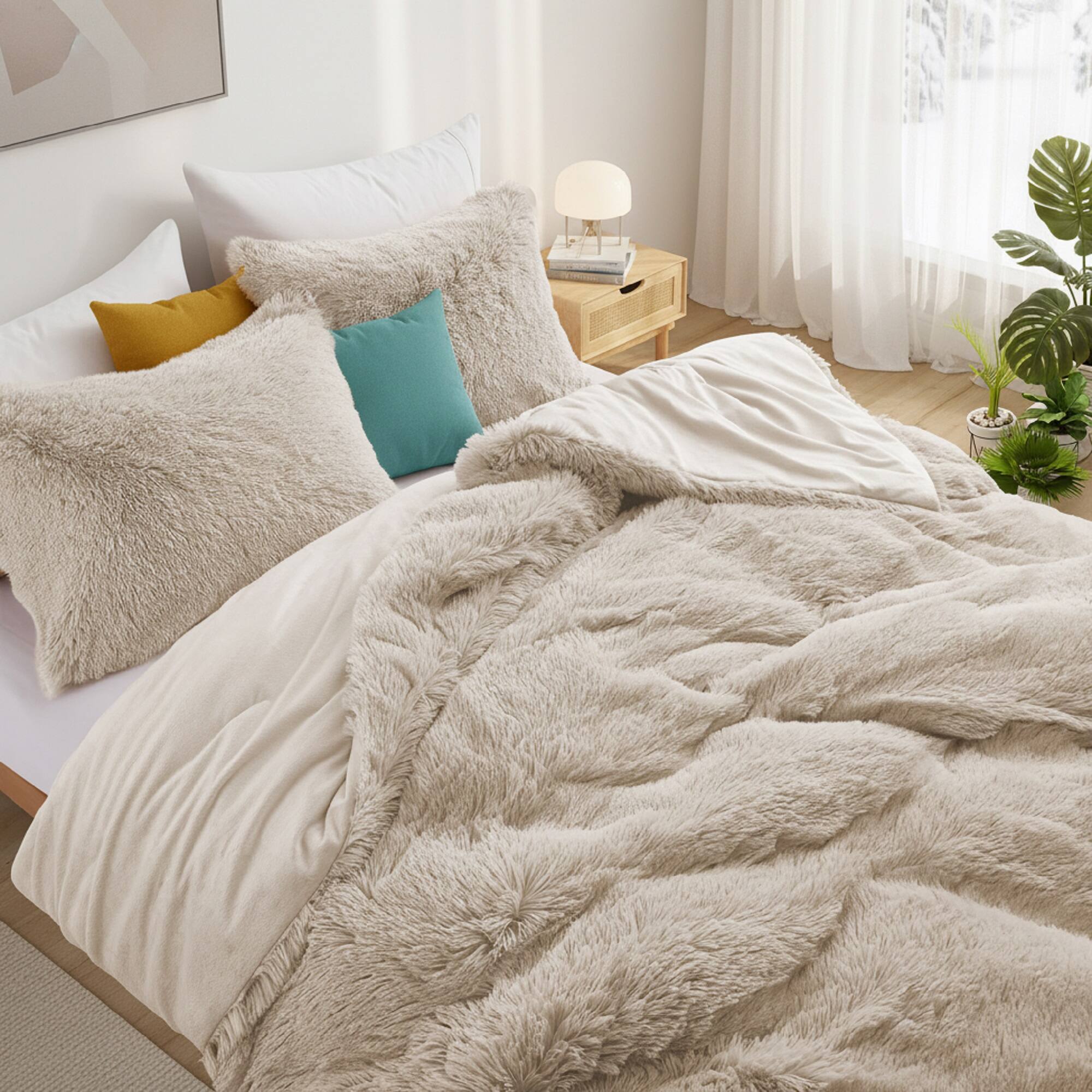 Back. Peace Nest - Peace Nest Shaggy Plush Comforter Set Faux Fur with Velvety Reversible Backing, Beige, King - Beige.