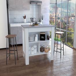 Loheer - White and Ibiza Marble Kitchen Island 35 Inch High Kitchen Table with Three Open Shelves - Multicolor