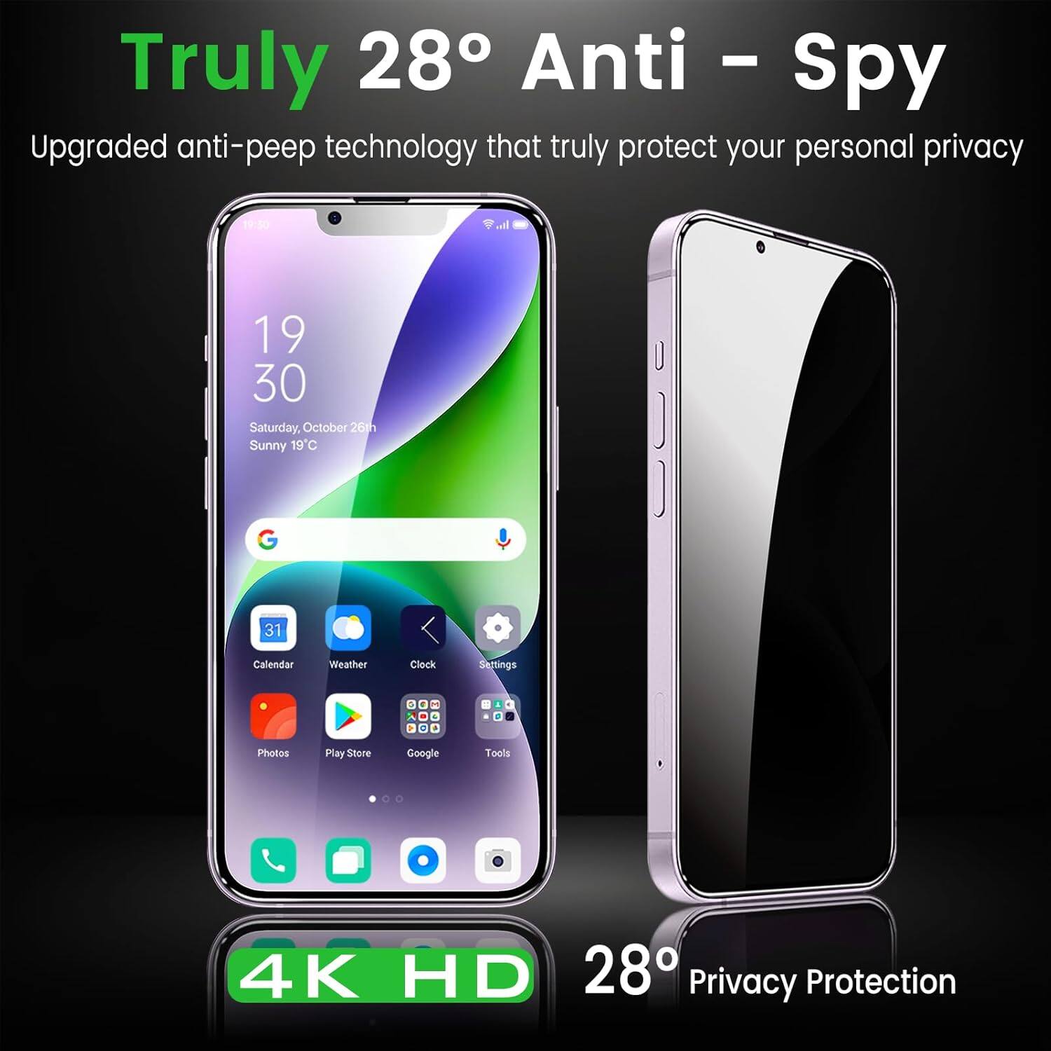 Truly 28° Anti-Spy  
Upgraded anti-peep technology that truly protect your personal privacy  

19:50  
Saturday, October 26th  
Sunny 19°C  

Calendar Weather Clock Settings  
Photos Play Store Google Tools  

4K HD  
28° Privacy Protection