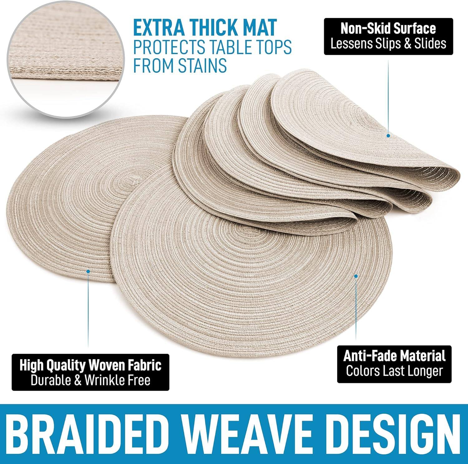 Here is the corrected and grouped text:

- **Extra Thick Mat**: Protects table tops from stains.
- **Non-Skid Surface**: Lessens slips & slides.
- **High Quality Woven Fabric**: Durable & wrinkle-free.
- **Anti-Fade Material**: Colors last longer.
- **Braided Weave Design**.
