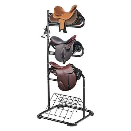 Front. VEVOR - Freestanding Saddle Stand, 30 x 30 x 68.5 in, 3 Tiers Saddle Rack, Heavy Duty Saddle Blanket Holder - Black.