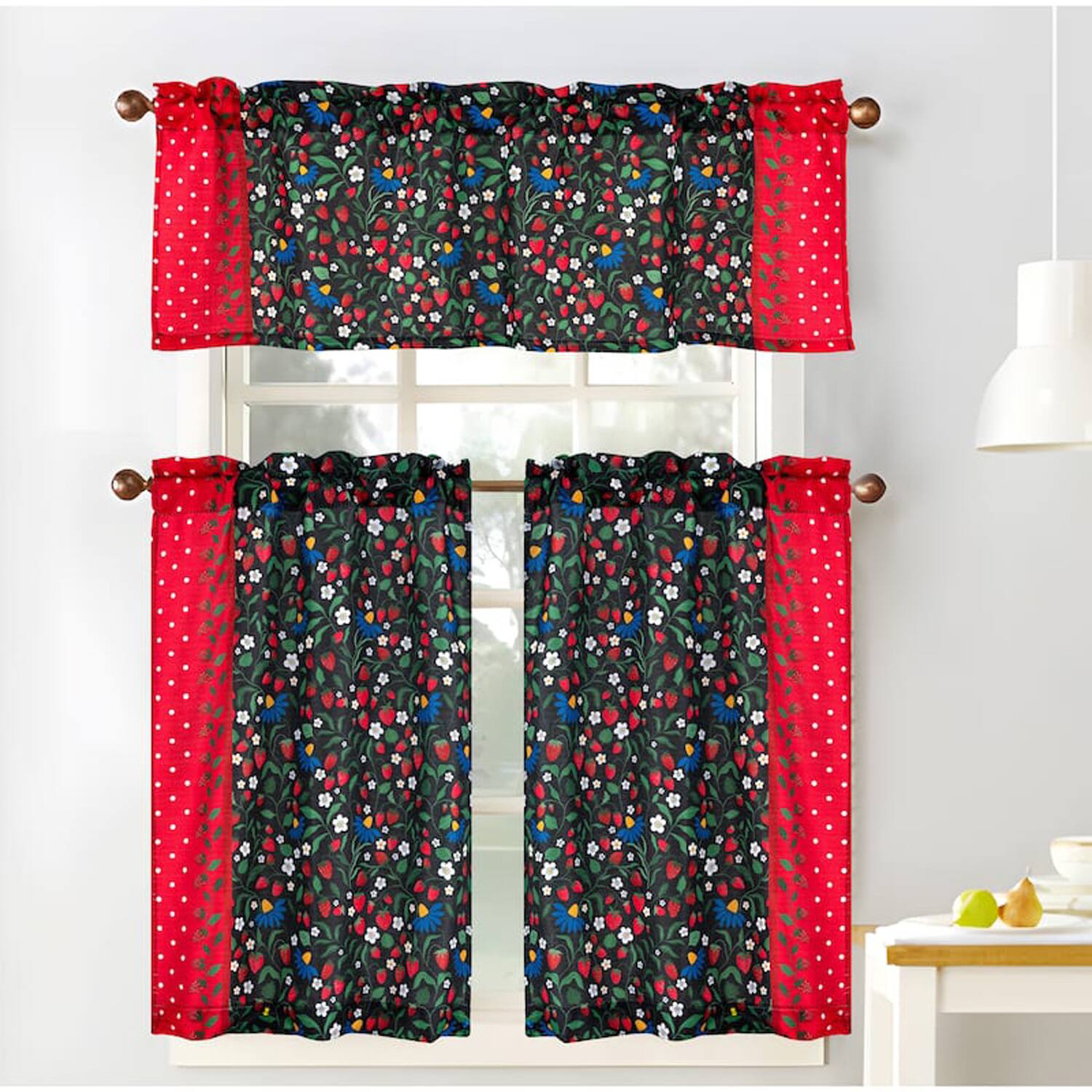 Angle. RT Designers Collection - RT Designers Collection Polyester Cucina Strawberry Fields Kitchen Curtains Valance & Tiers Set 52" x 18" Muticolor - Multicolor.