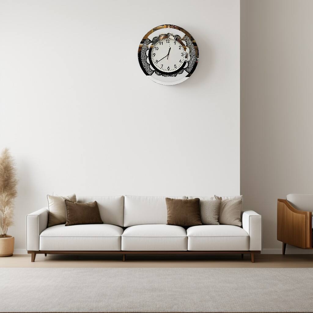 Angle. FC Design - 19"H White & Silver Mirrored Glittery Modern Round Wall Clock - Multicolor.