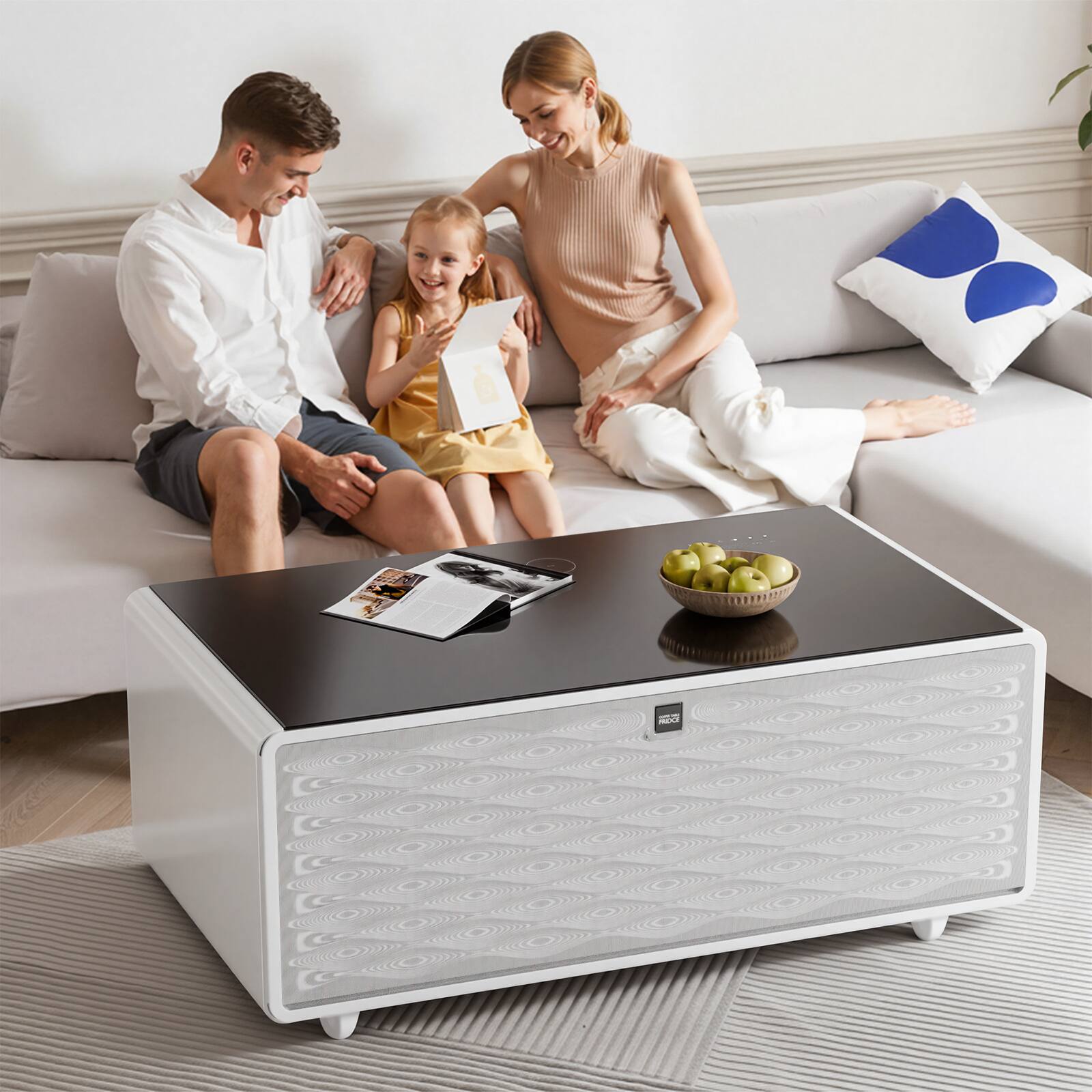 Angle. Livtab - Smart Coffee Table with Refrigeration, Freezer Drawer, Wireless Charging, Bluetooth Speaker, Perfect for Living Spaces - WHITE.