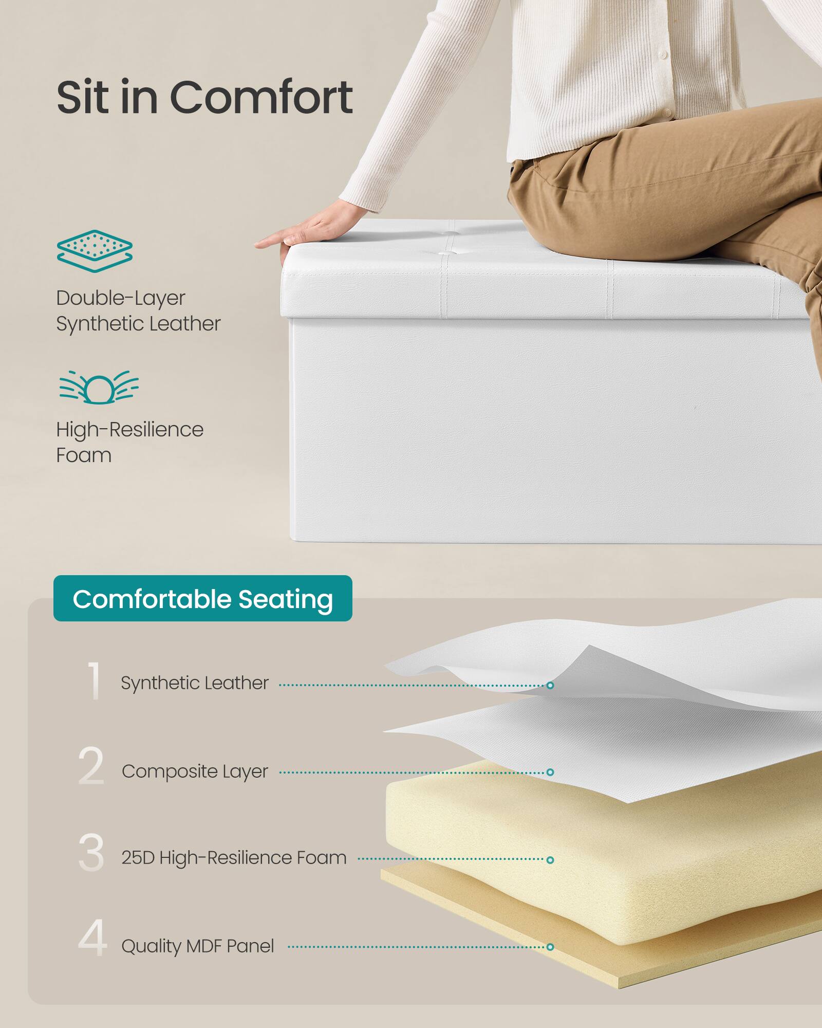 Sit in Comfort

Double-Layer Synthetic Leather
High-Resilience Foam

Comfortable Seating

1. Synthetic Leather
2. Composite Layer
3. 25D High-Resilience Foam
4. Quality MDF Panel