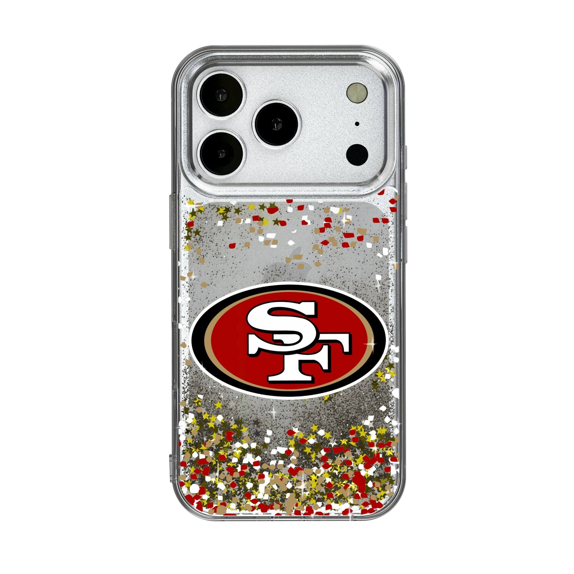 Front. Keyscaper - San Francisco 49ers iPhone Glitter Case with Confetti Design - 17 Pro - Multicolor.