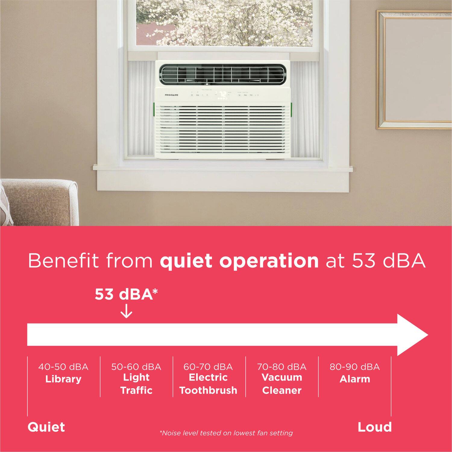 Benefit from quiet operation at 53 dBA

53 dBA*

40-50 dBA Library  
50-60 dBA Light Traffic  
60-70 dBA Electric Toothbrush  
70-80 dBA Vacuum Cleaner  
80-90 dBA Alarm

Quiet

*Noise level tested on lowest fan setting

Loud