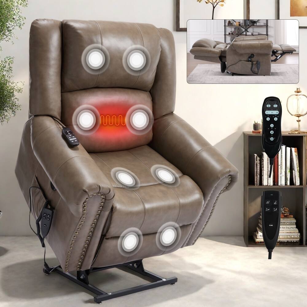 Front. Ropilly - Ropilly Brown Leather Power Recliner, Dual Motor Lift Chair with Heat and Massage, 350 LBS Weight Capacity - Brown.
