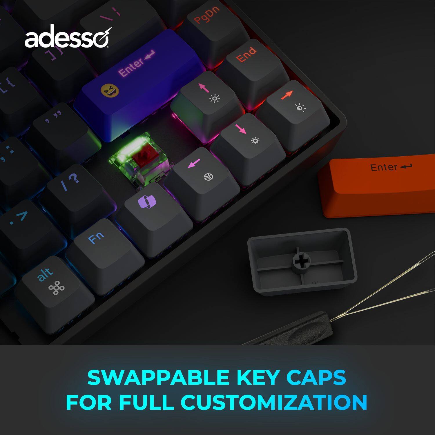 adesso PgDn End, Enter, I? Enter, alt, Fn, SWAPPABLE KEY CAPS FOR FULL CUSTOMIZATION