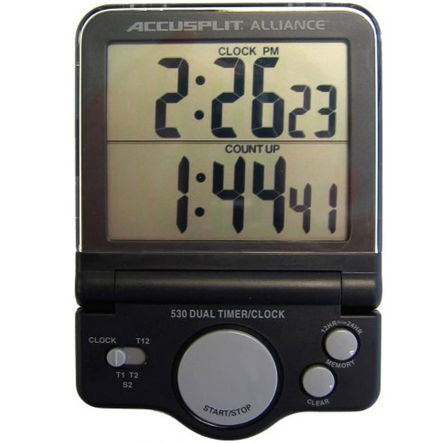 ACCU-SPLIT ALLIANCE CLOCK PM 2:26:23 COUNT UP 1:44:41 CLOCK T12 D T1 T2 S2 530 DUAL TIMER/CLOCK HASHRHS! MEMORY START/STOP CLEAR