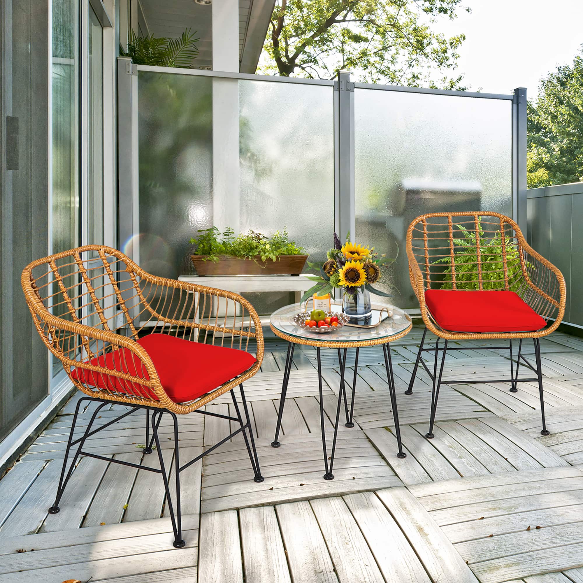 Front. Costway - Costway 3PCS Patio Rattan Bistro Furniture Set Cushioned Chair Table - Red.