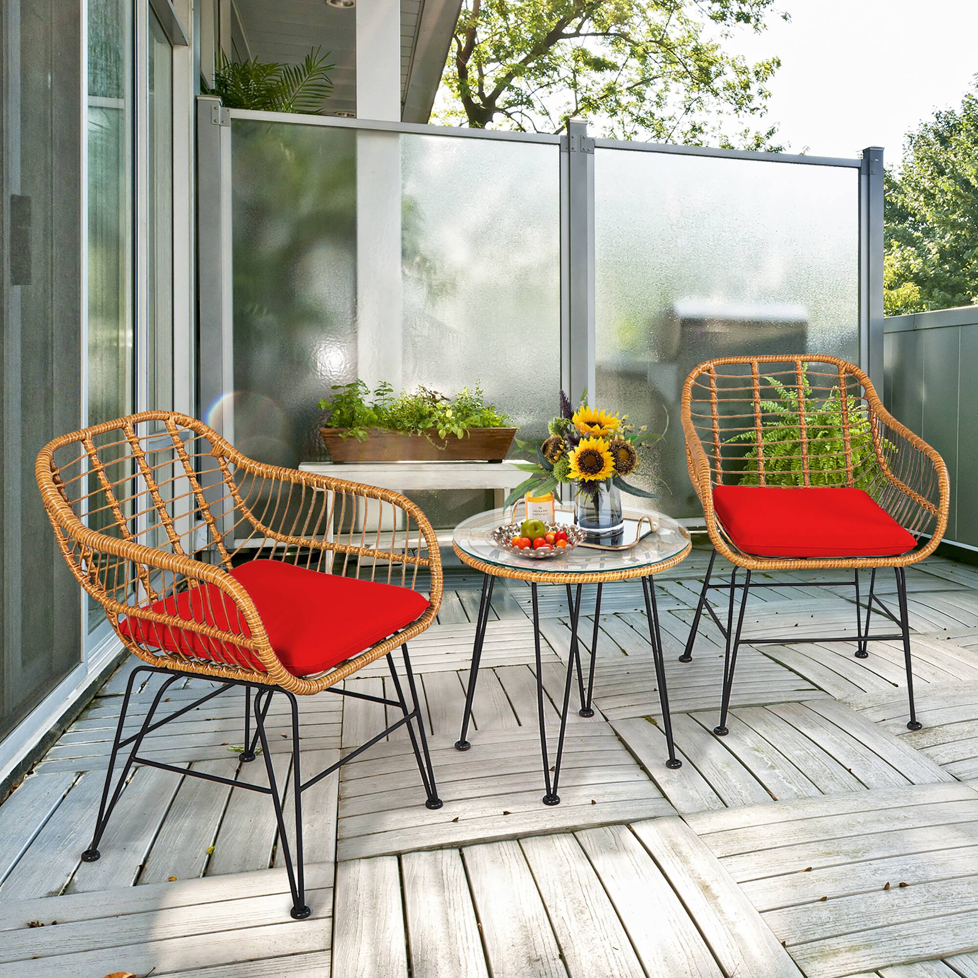 Alt View 1. Costway - Costway 3PCS Patio Rattan Bistro Furniture Set Cushioned Chair Table - Red.