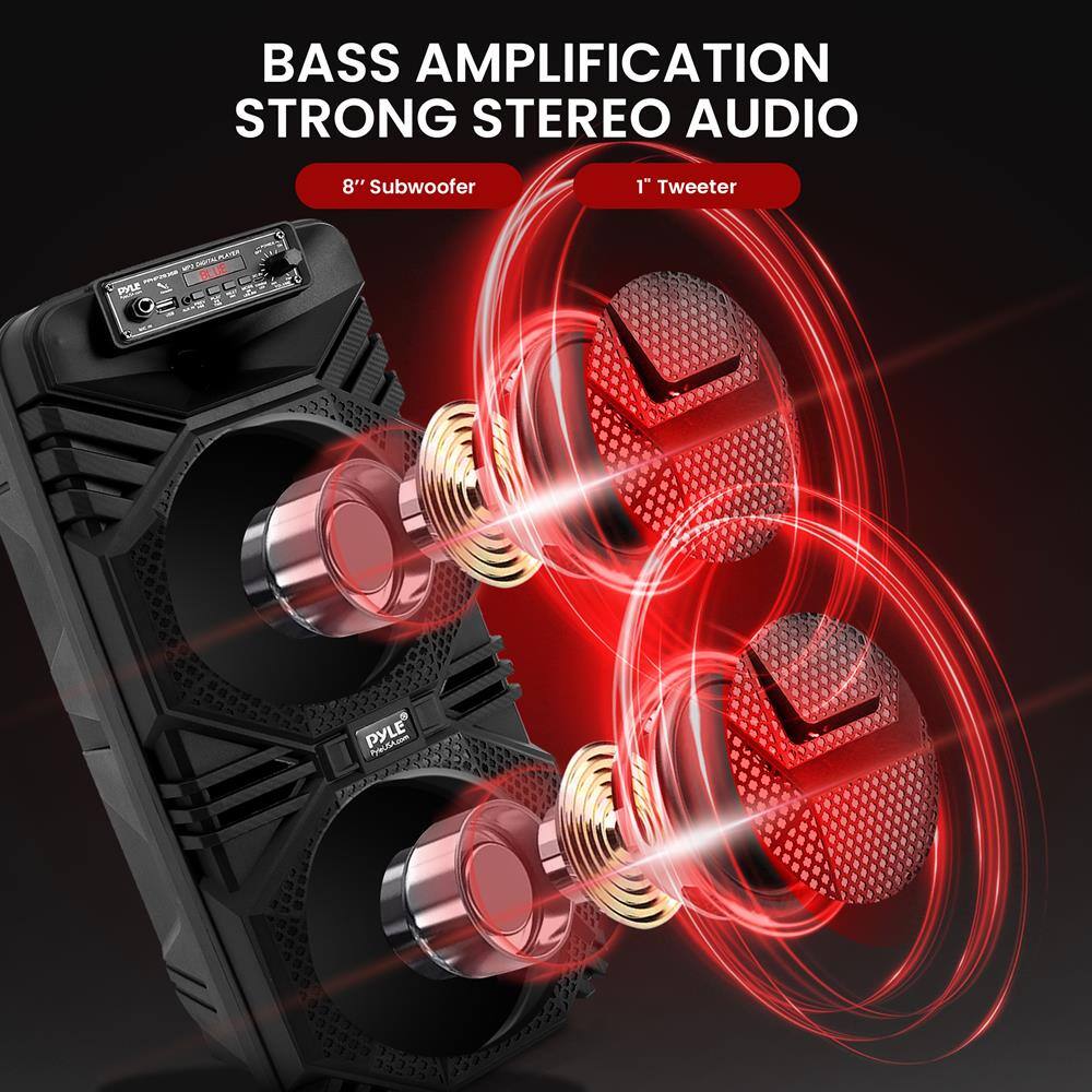 BASS AMPLIFICATION  
STRONG STEREO AUDIO  

8" Subwoofer  
1" Tweeter  

PYLE  
PYLE PRO AUDIO