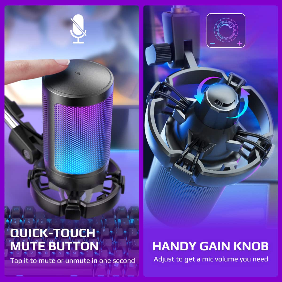 The image features two microphones, one with a quick-touch mute button and the other with a handy gain knob. The quick-touch mute button allows for easy muting and unmuting in just one second, while the handy gain knob helps adjust the mic volume to the desired level.