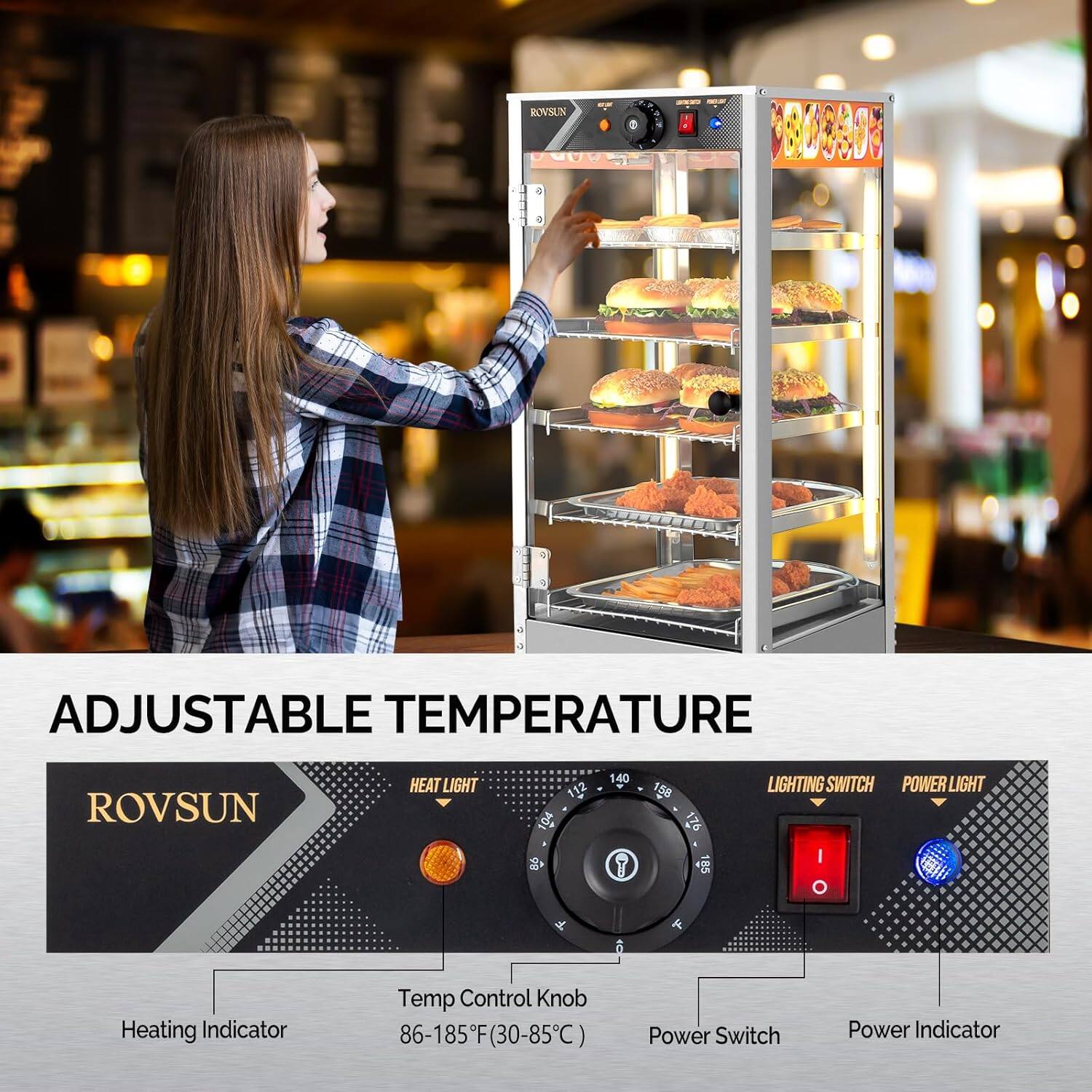 ROVSUN  
ADJUSTABLE TEMPERATURE  
ROVSUN HEAT LIGHT  
140 LIGHTING SWITCH POWER LIGHT  
T I O  
Heating Indicator  
Temp Control Knob  
86-185°F (30-85°C)  
Power Switch  
Power Indicator