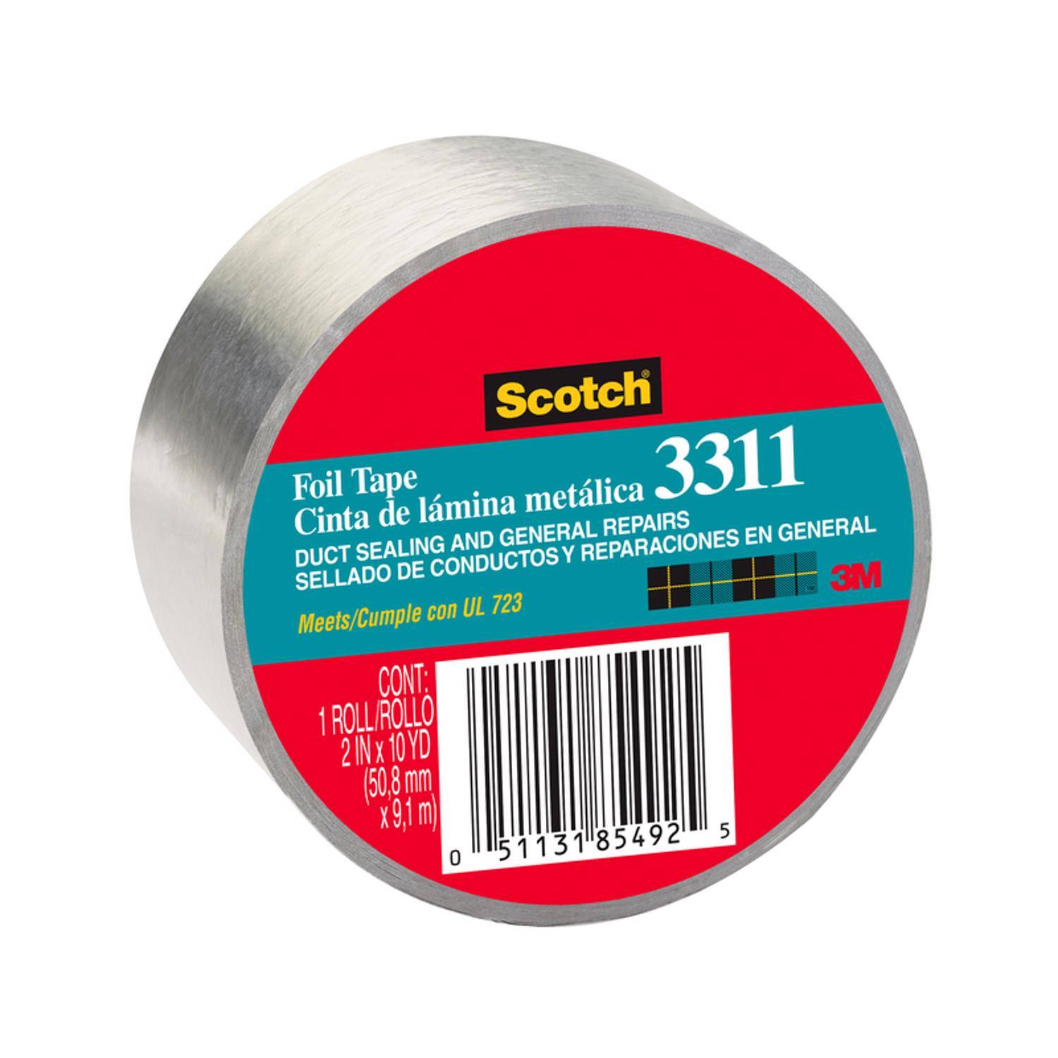 Scotch Foil Tape metlica 3311 Cinta de lmina REPAIRS AND GENERAL EN GENERAL DUCT SEALING CONDUCTOSY REPARACIONES SELLADO DE 3M con UL 723 Meets/Cumple CONT: 1 ROLL/ROLLO 2 IN X 10 YD (50,8 mm X 9,1 m) 5 51131 85492 0