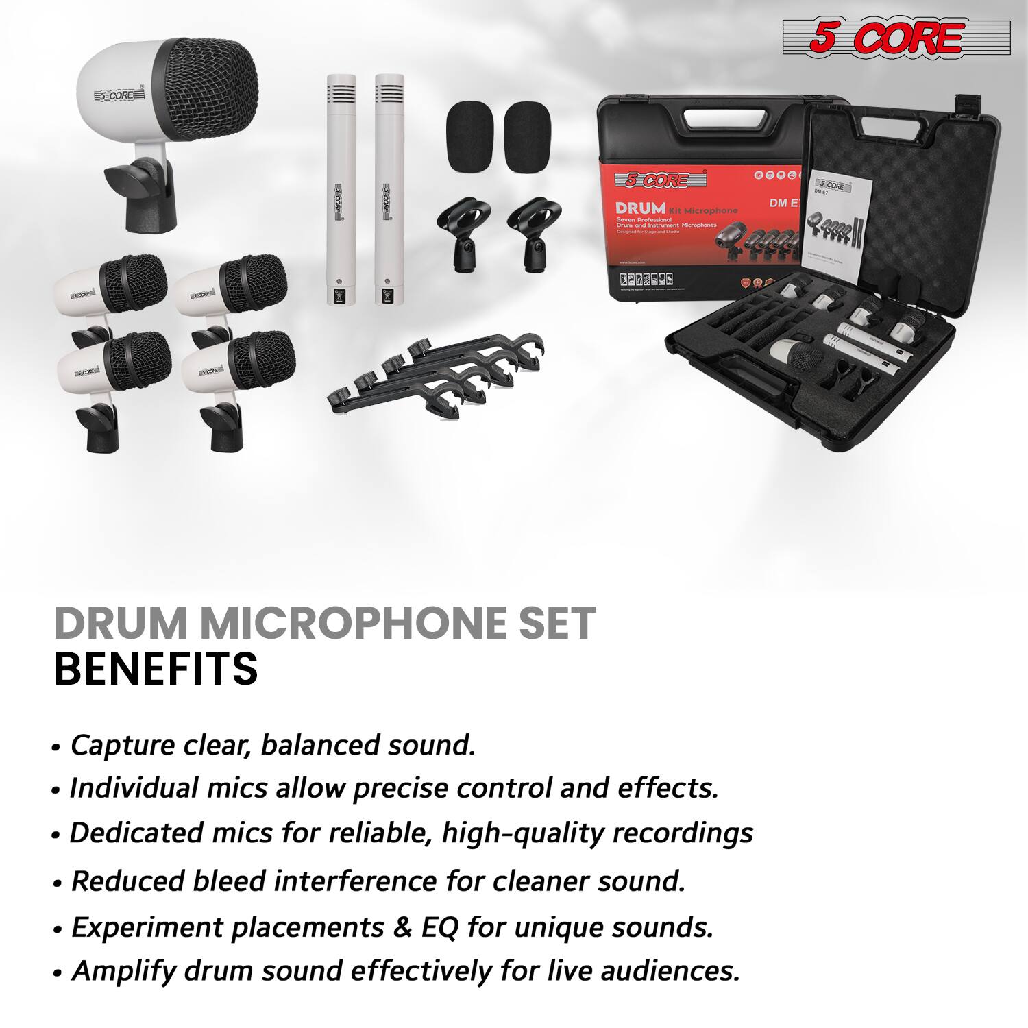 5 CORE  
DRUM MICROPHONE SET  

BENEFITS  
- Capture clear, balanced sound.  
- Individual mics allow precise control and effects.  
- Dedicated mics for reliable, high-quality recordings  
- Reduced bleed interference for cleaner sound.  
- Experiment placements & EQ for unique sounds.  
- Amplify drum sound effectively for live audiences.