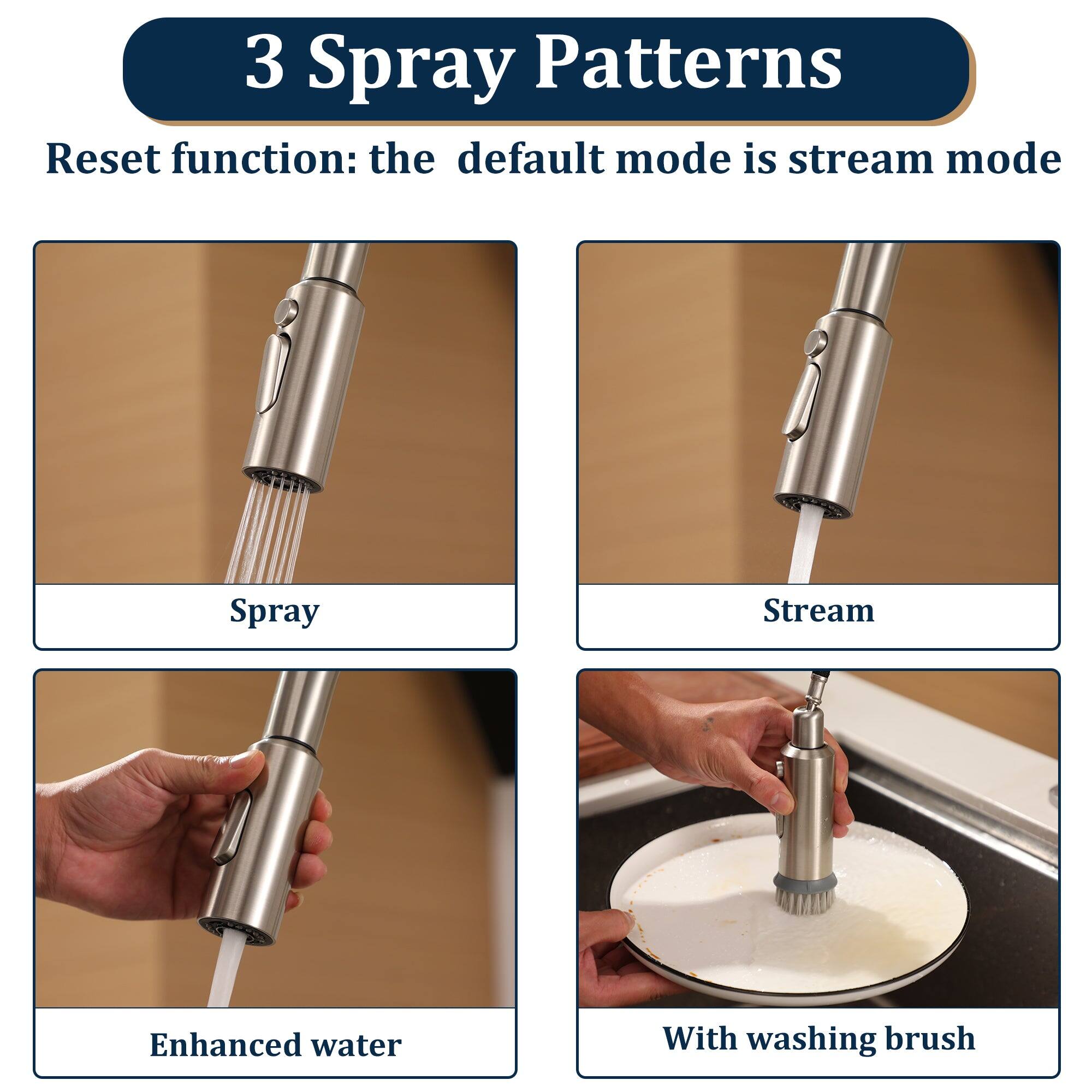 3 Spray Patterns
Reset function: the default mode is stream mode
Spray
Stream
Enhanced water
With washing brush