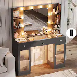 DIYSET - Vanity Desk with Lighted Mirror, Glass Top Vanity with 2 Cabinets & 3 Drawers & 4 Shelves - Black