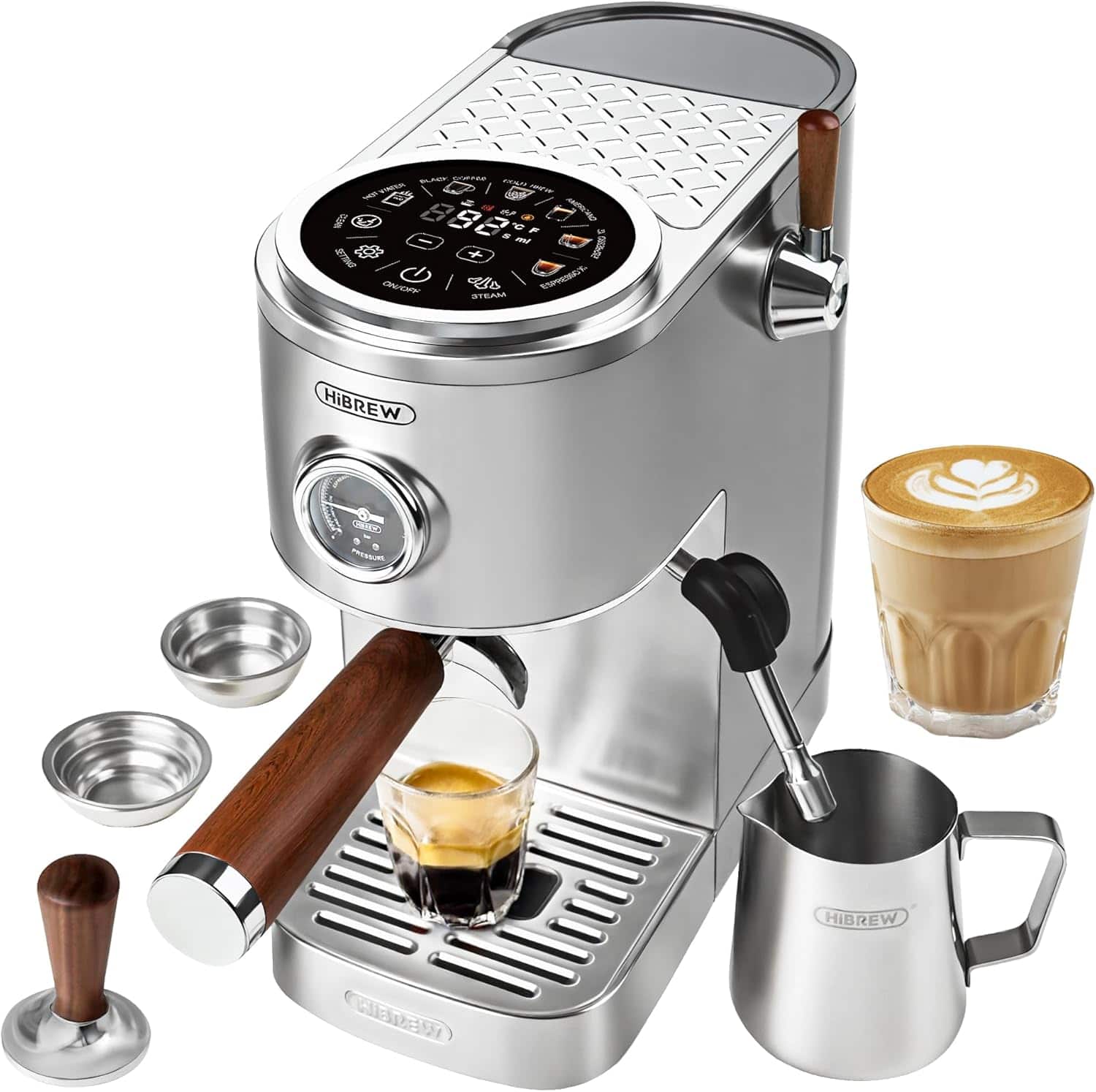 HiBREW - H13 Espresso Machine-Single Serve Programmable Coffee Maker with Milk Forther & Portafilter-Hot & Iced Latte/Americano - Silver