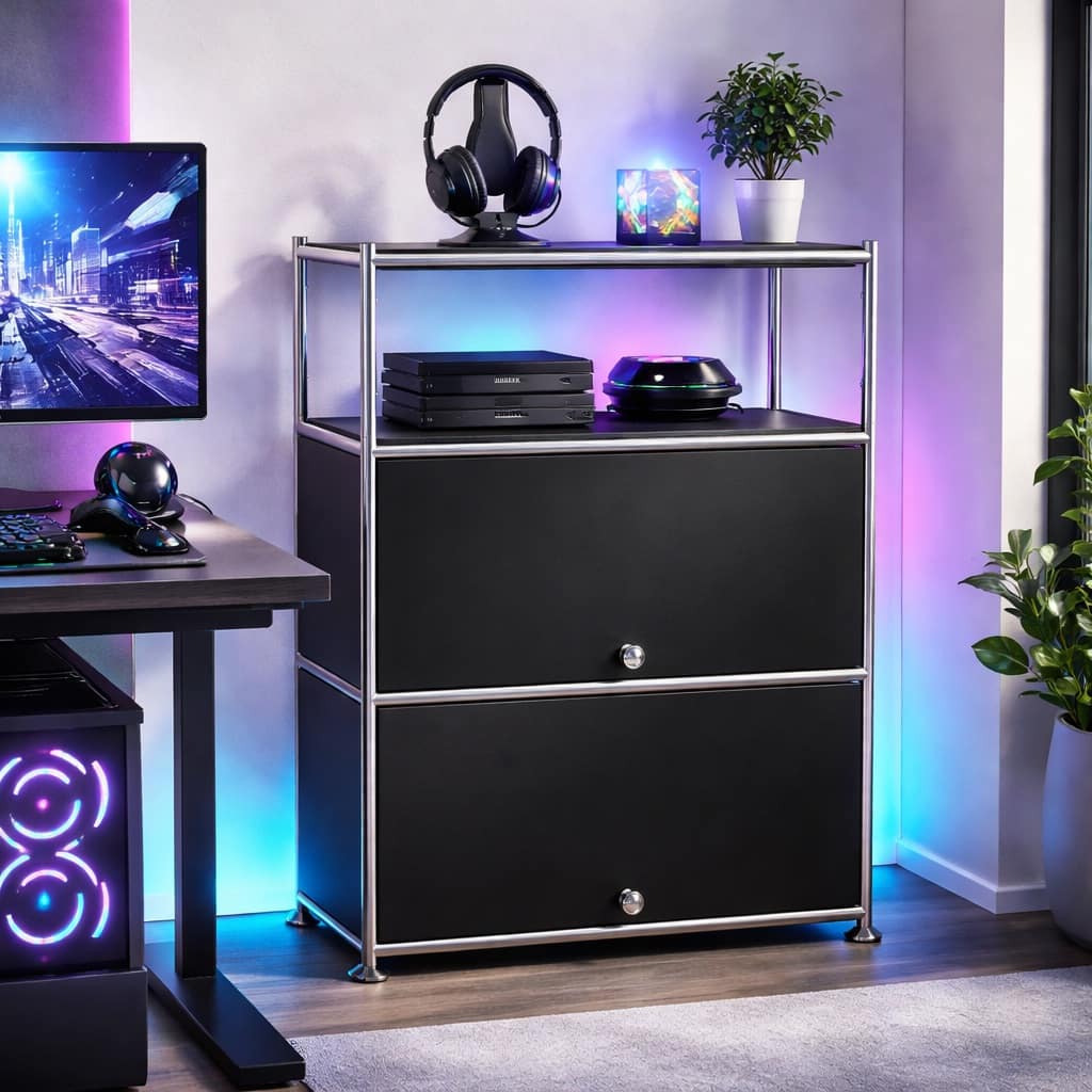 Front. Malletson - 3 Tier Modular Metal Sideboard Storage Cabinet, Modern Grid-Style, for Gaming Room, Living Room or Office - Black.