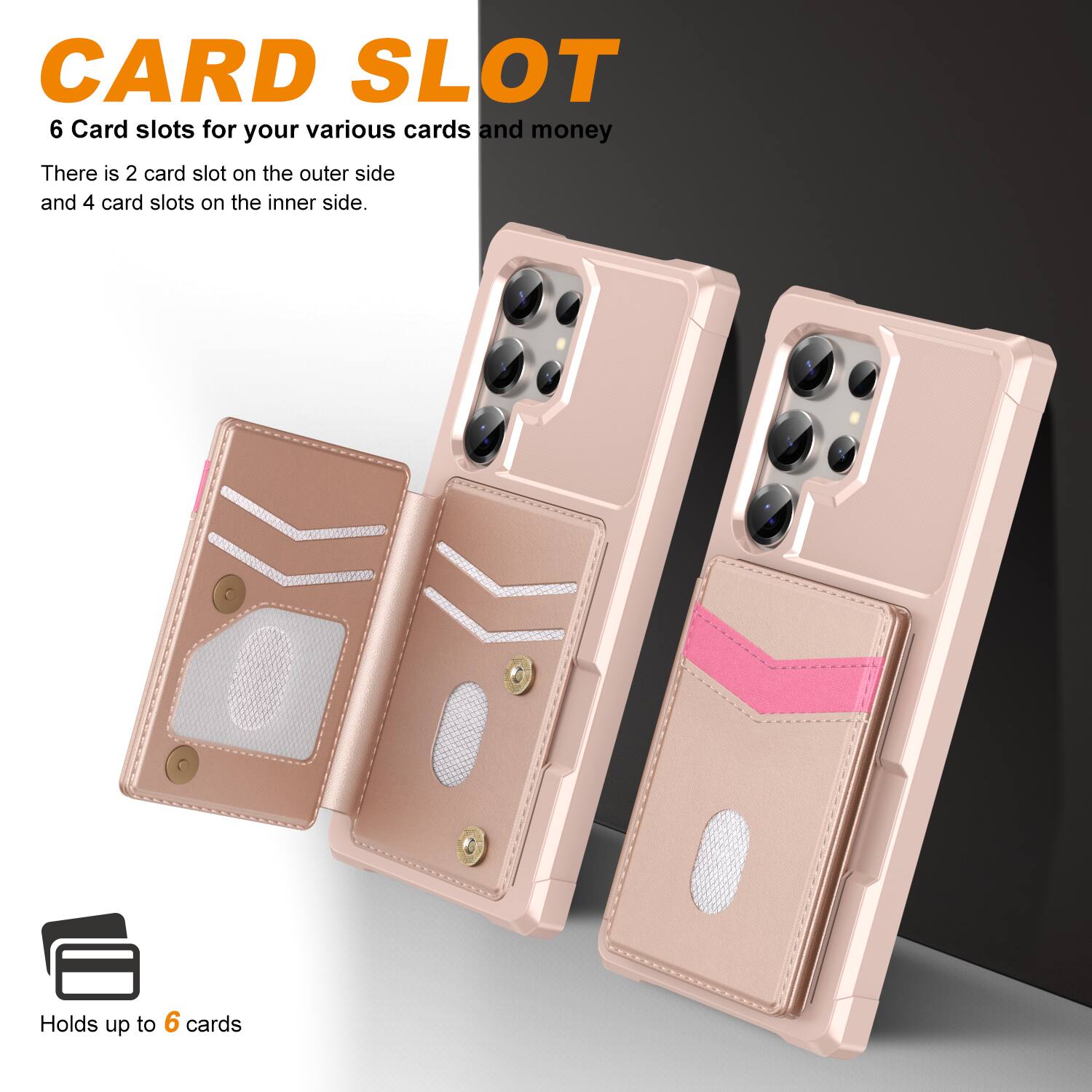 CARD SLOT  
6 Card slots for your various cards and money  
There is 2 card slot on the outer side and 4 card slots on the inner side.  
Holds up to 6 cards