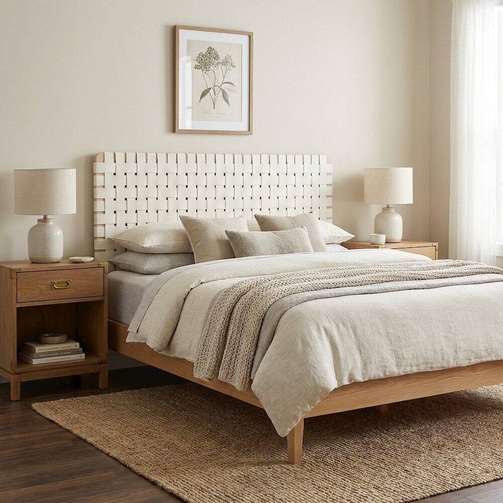 Left. FurniFact - Vegan Leather Full Headboard with TexturedPattern and Durable Build - Beige.