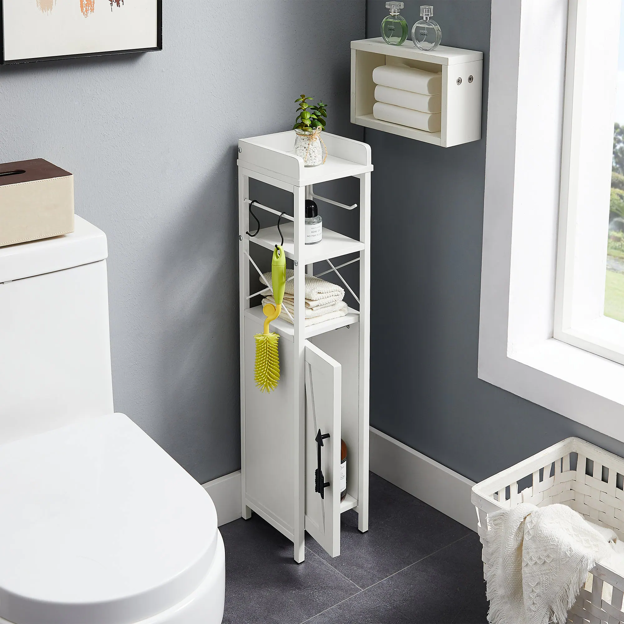Alt View 2. Vecelo - 4-in-1 Bathroom Storage Cabinet with Toilet Paper Holder - Slim Toilet Organizer, Towel Rack & Enclosed Storage - White.