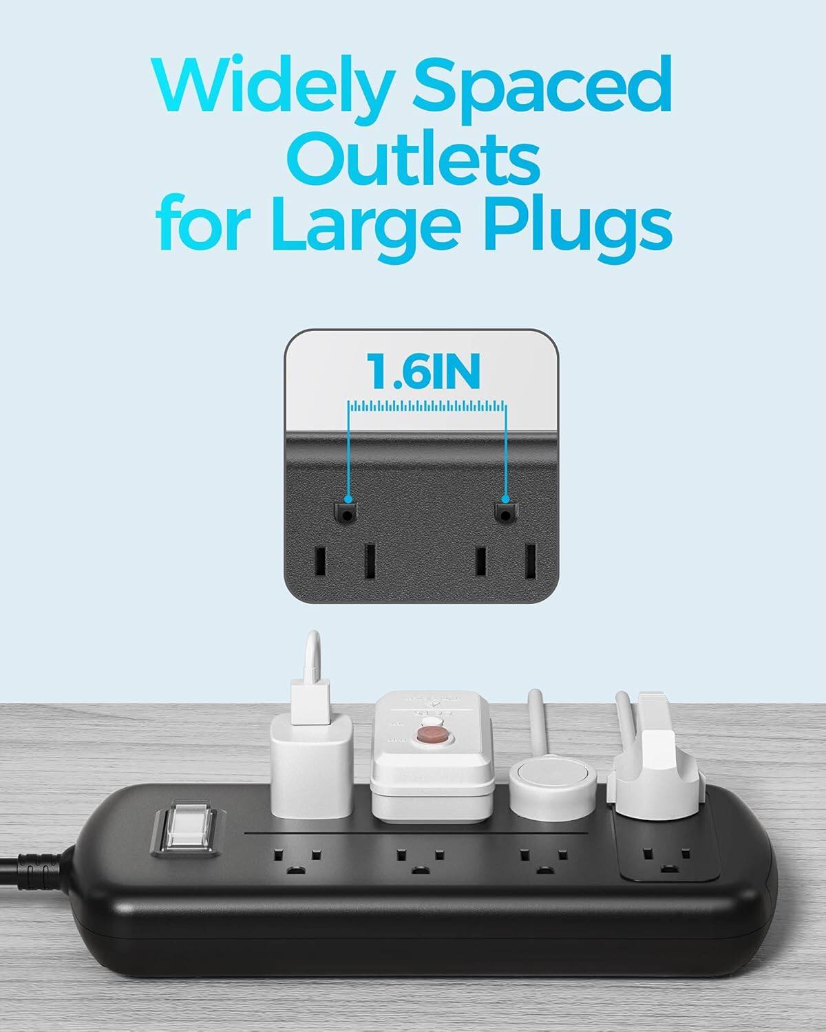 Widely Spaced Outlets for Large Plugs  
1.6IN