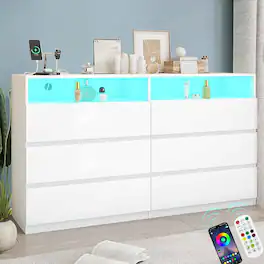 Dyonery - Vipbear 6 Drawer Dresser withPower Outlet, LED Lights, Modern Wood Chest of Drawers, TV Stand for Living Room - White