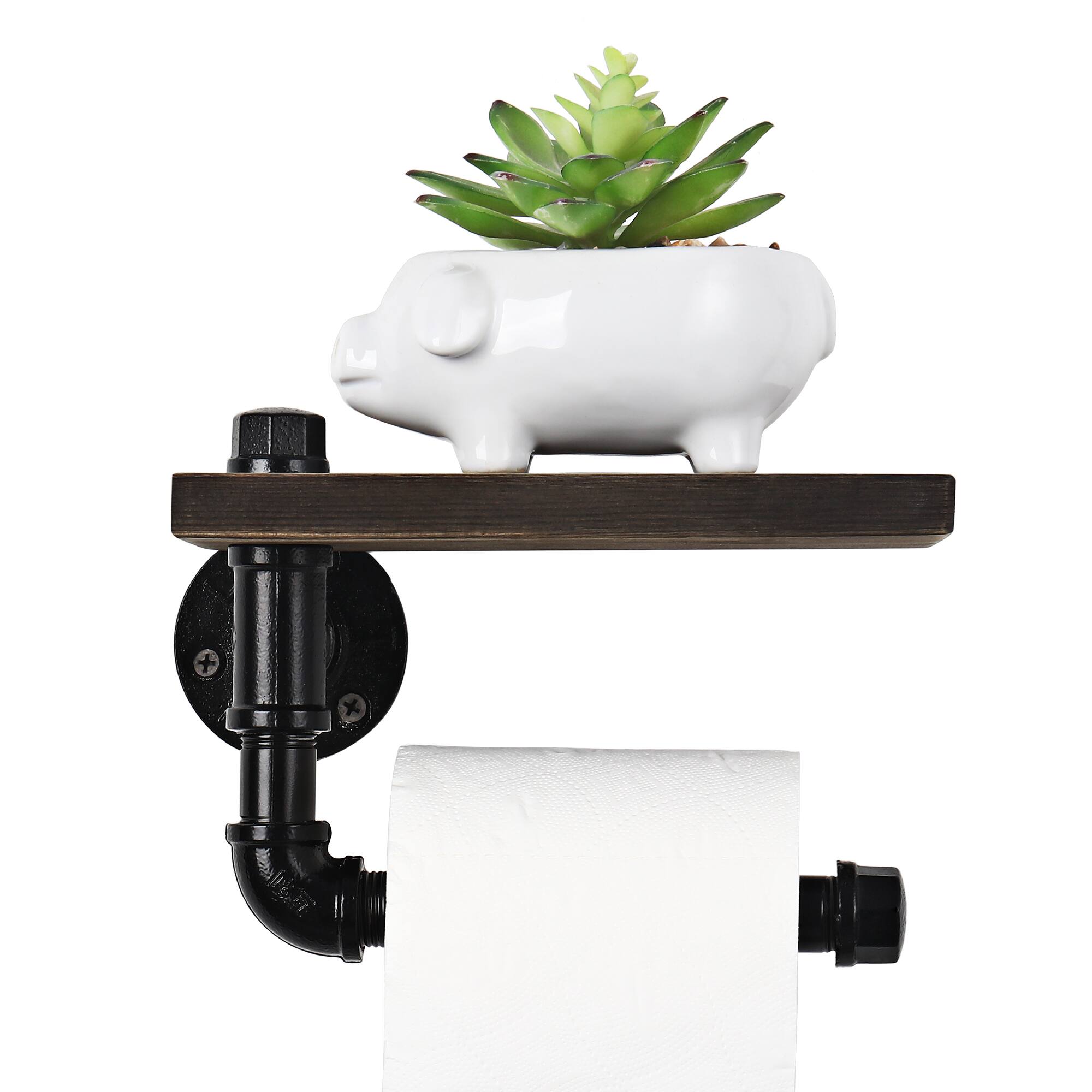 Front. Oumilen - Industrial Pipe Single Paper Towel Holder with Dark Walnut Shelf – Wall Mounted for Kitchen Bathroom.