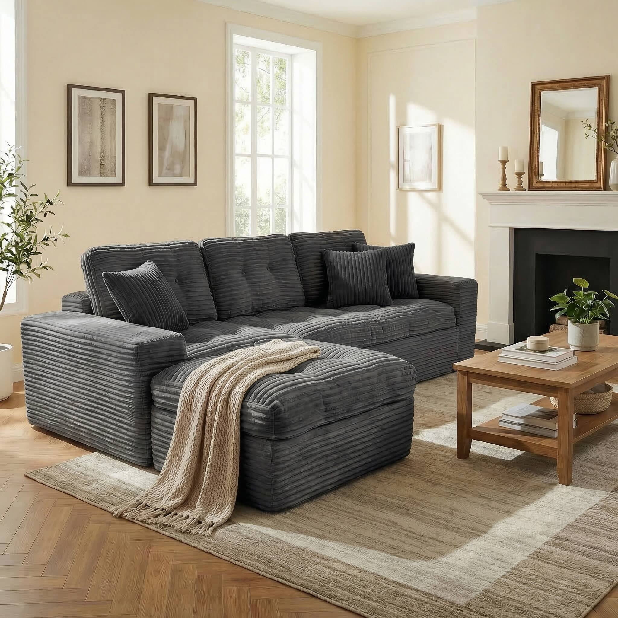 Alt View 3. Anysun - Modular Cloud Sofa Set, 105" DIY Sectional w/ Ottoman, Pure Foam, Faux Rabbit Fur Velvet, Living Room Couch - Grey.