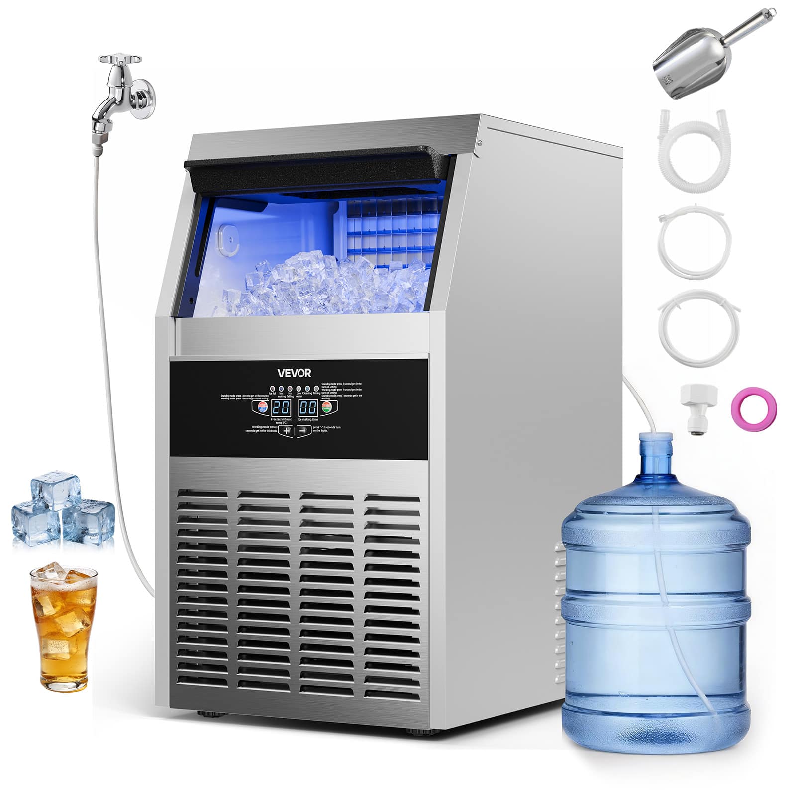 VEVOR - Commercial Ice Maker Machine, 150 lbs/24h with 30 lbs Storage Capacity, Built-in/Freestanding/Under Counter - Stainless steel color