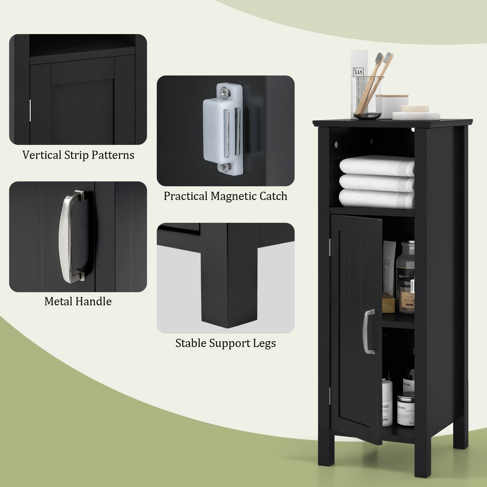 Vertical Strip Patterns, Practical Magnetic Catch, Metal Handle, Stable Support Legs