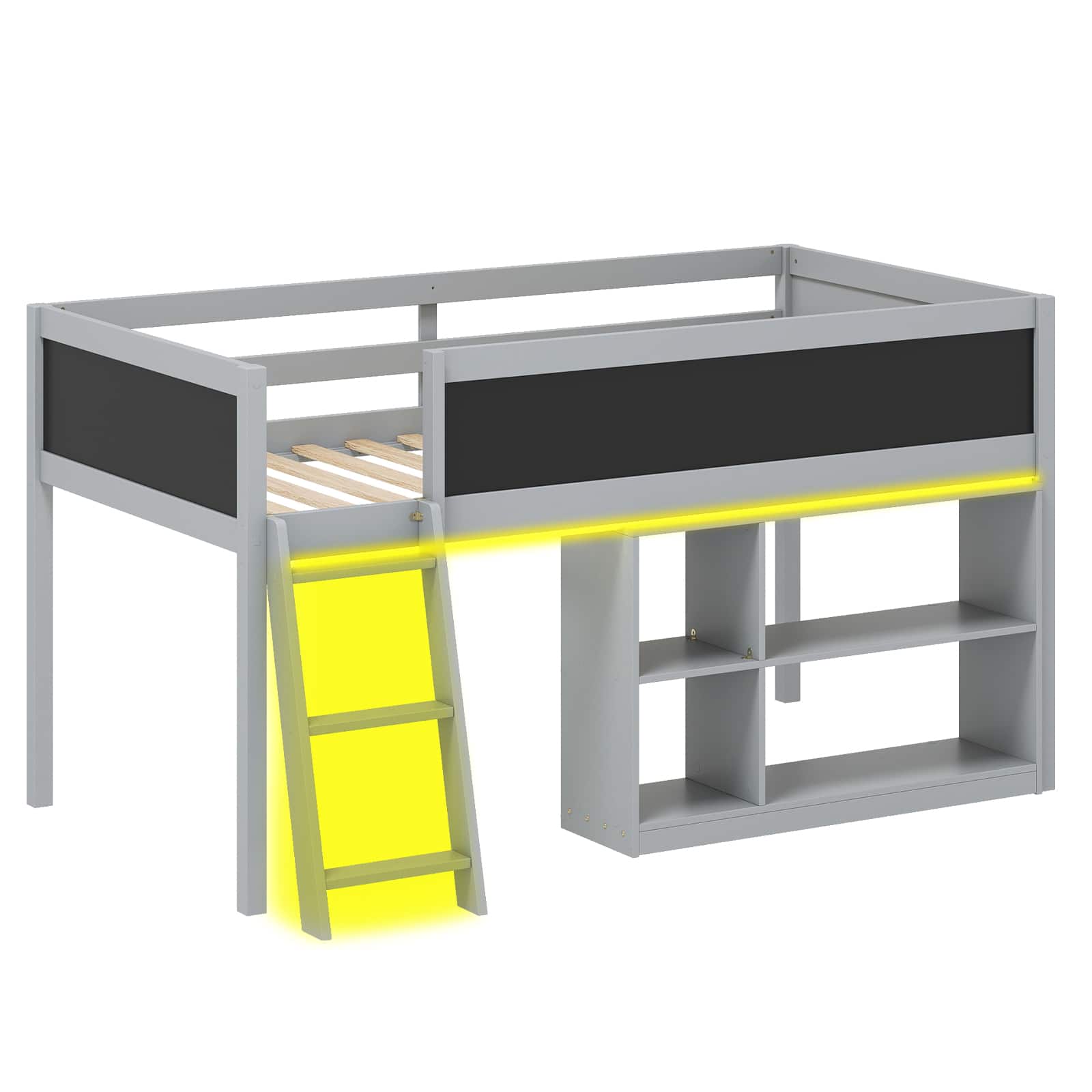 Gymax - Kids Loft Bed w/LED Lights Chalkboard & Removable Bookcase Safety Guardrail - Gray