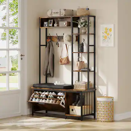 Front. Anysun - Hall Tree Coat Rack, Hall Tree With Bench and Shoe Storage, Mud Room Storage Furniture, 39.37 X 15.74 X 69.69 Inches - Brown.