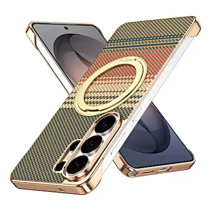 Front. Dteck - Case for Samsung Galaxy S26 Ultra, Slim Frameless Carbon Fiber Pattern Hard Shell with Magnetic Ring Stand - Gold.