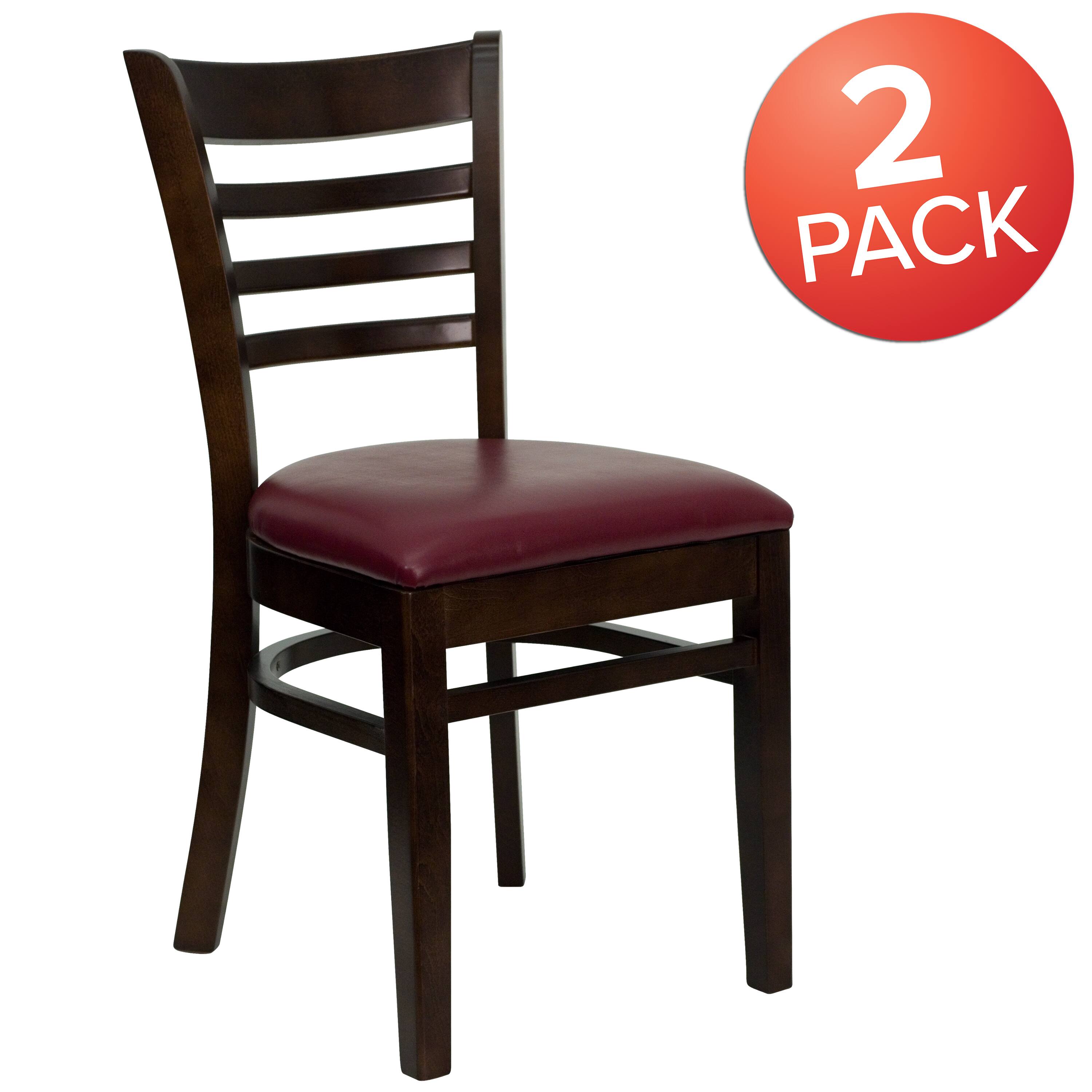 Alt View 1. Emma + Oliver - 2 Pack Ladder Back Wooden Restaurant Chair - Burgundy Vinyl Seat/Walnut Wood Frame.
