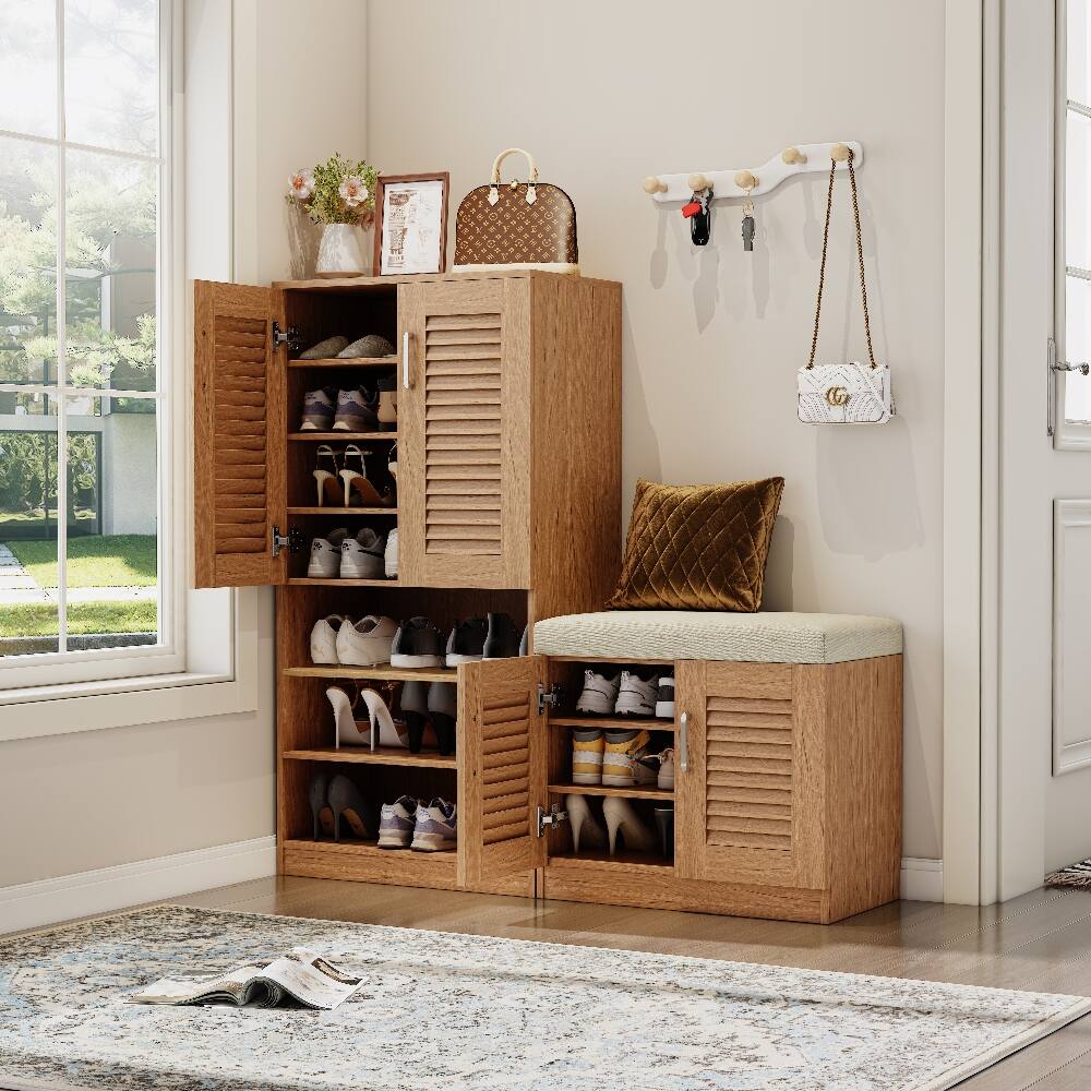Back. Loheer - Loheer oak shoe storage cabinet with bench and louvered doors - Oak.