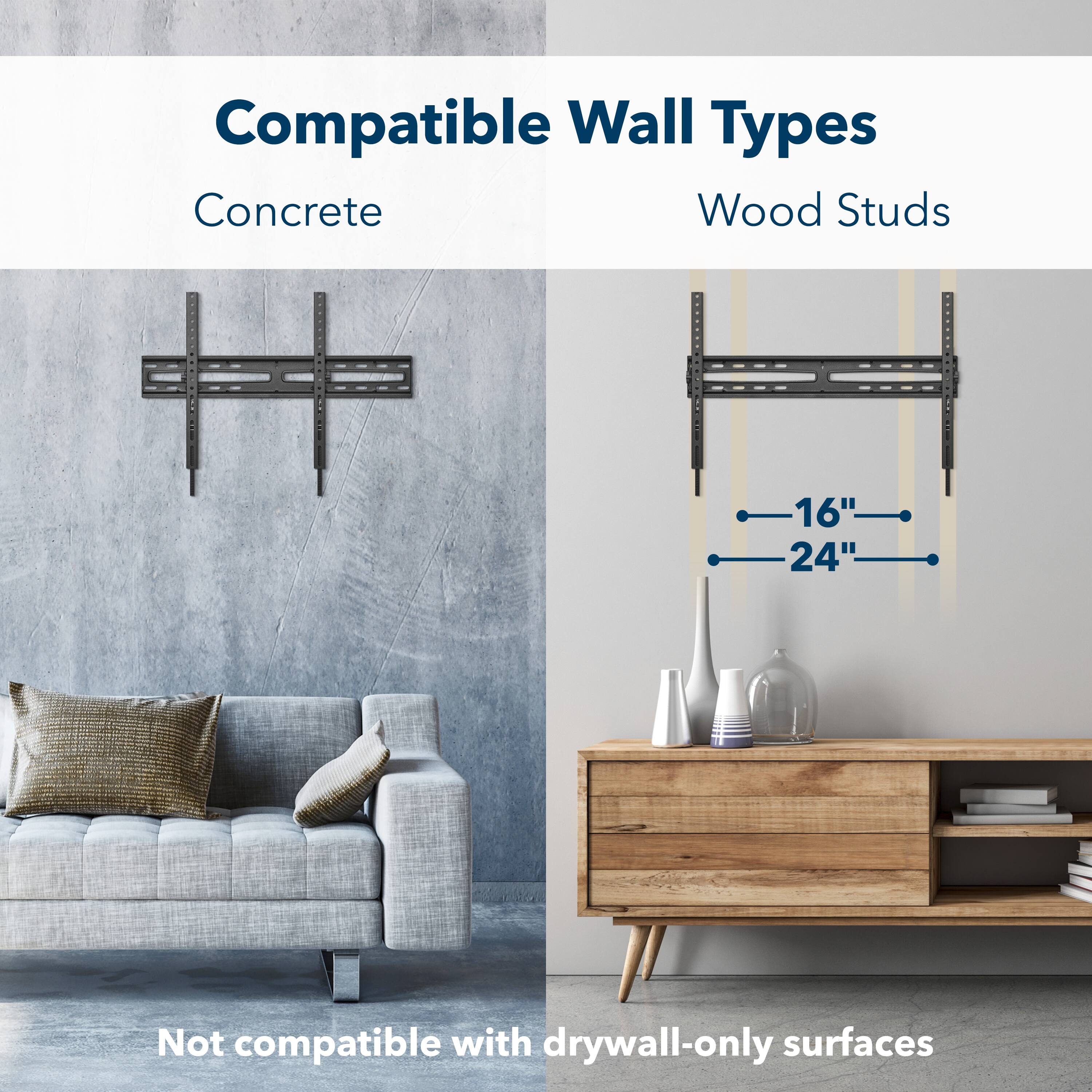 Compatible Wall Types: Concrete, Wood Studs (16", 24")  
Not compatible with drywall-only surfaces