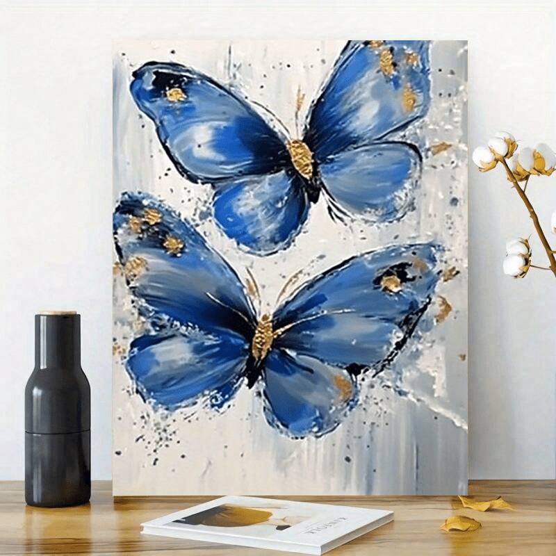 Front. blue - 1 piece canvas painting with wooden frame, ready to hang, blue butterfly canvas wall painting, woven wooden frame paint - Color:32*24inch.