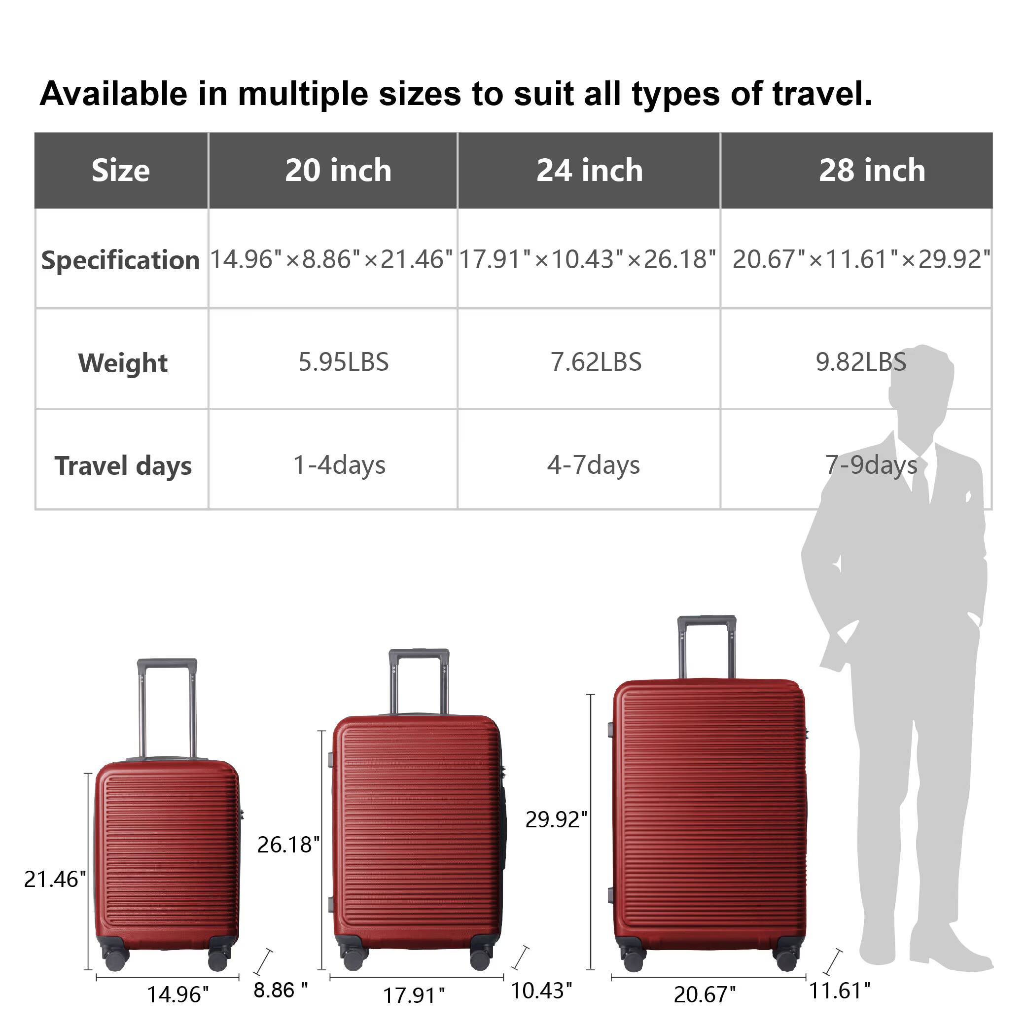 Available in multiple sizes to suit all types of travel.

| Size    | 20 inch          | 24 inch          | 28 inch          |
|---------|------------------|------------------|------------------|
| Specification | 14.96" x 8.86" x 21.46" | 17.91" x 10.43" x 26.18" | 20.67" x 11.61" x 29.92" |
| Weight  | 5.95LBS          | 7.62LBS          | 9.82LBS          |
| Travel days | 1-4 days        | 4-7 days        | 7-9 days        |

Dimensions:
- 21.46"
- 26.18"
- 29.92"
- 14.96"
- 8.86"
- 17.91"
- 10.43"
- 20.67"
- 11.61"